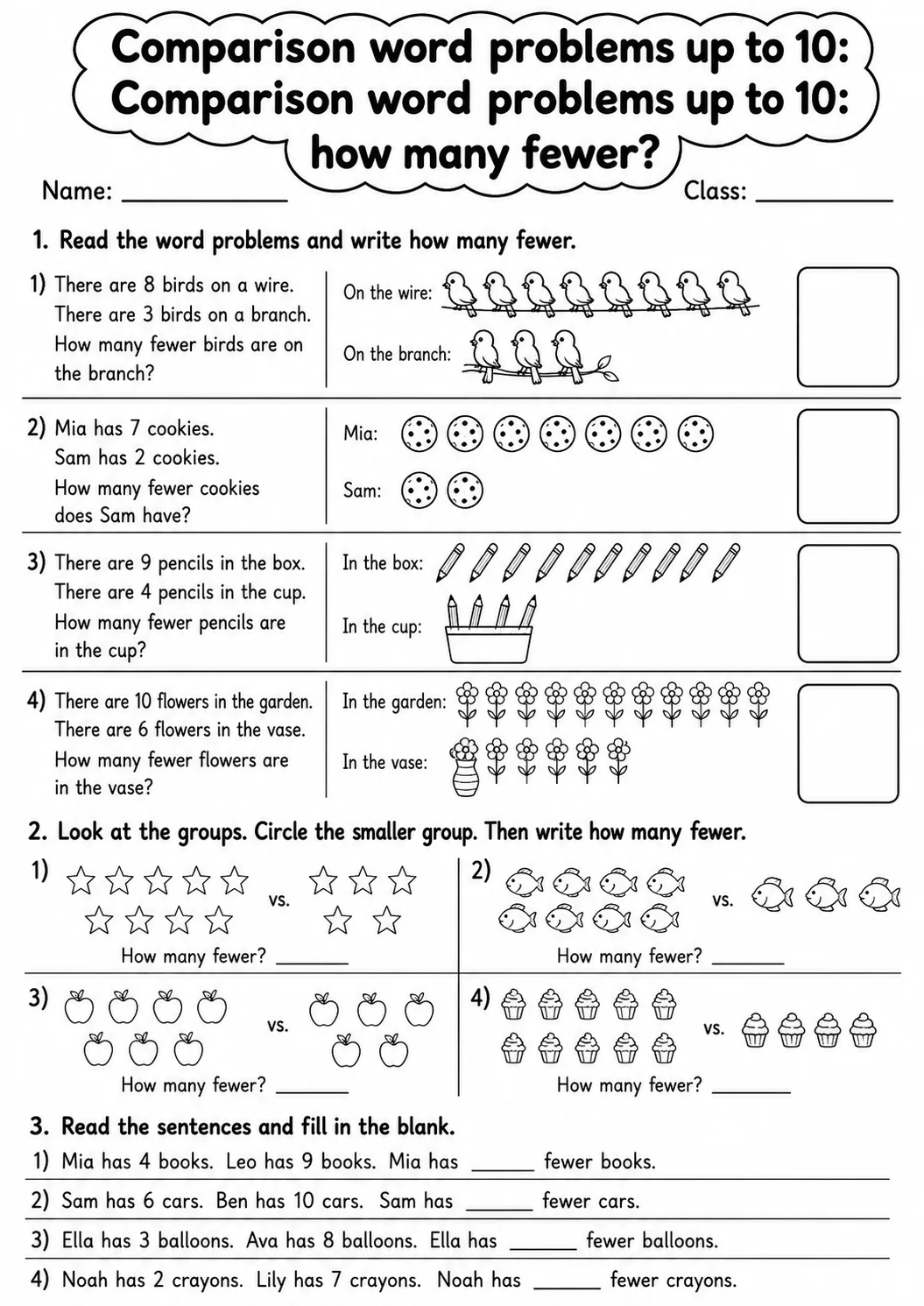 Grade 1 Comparison Word Problems up to 10 Math Worksheet Pack page 3 printable worksheet preview