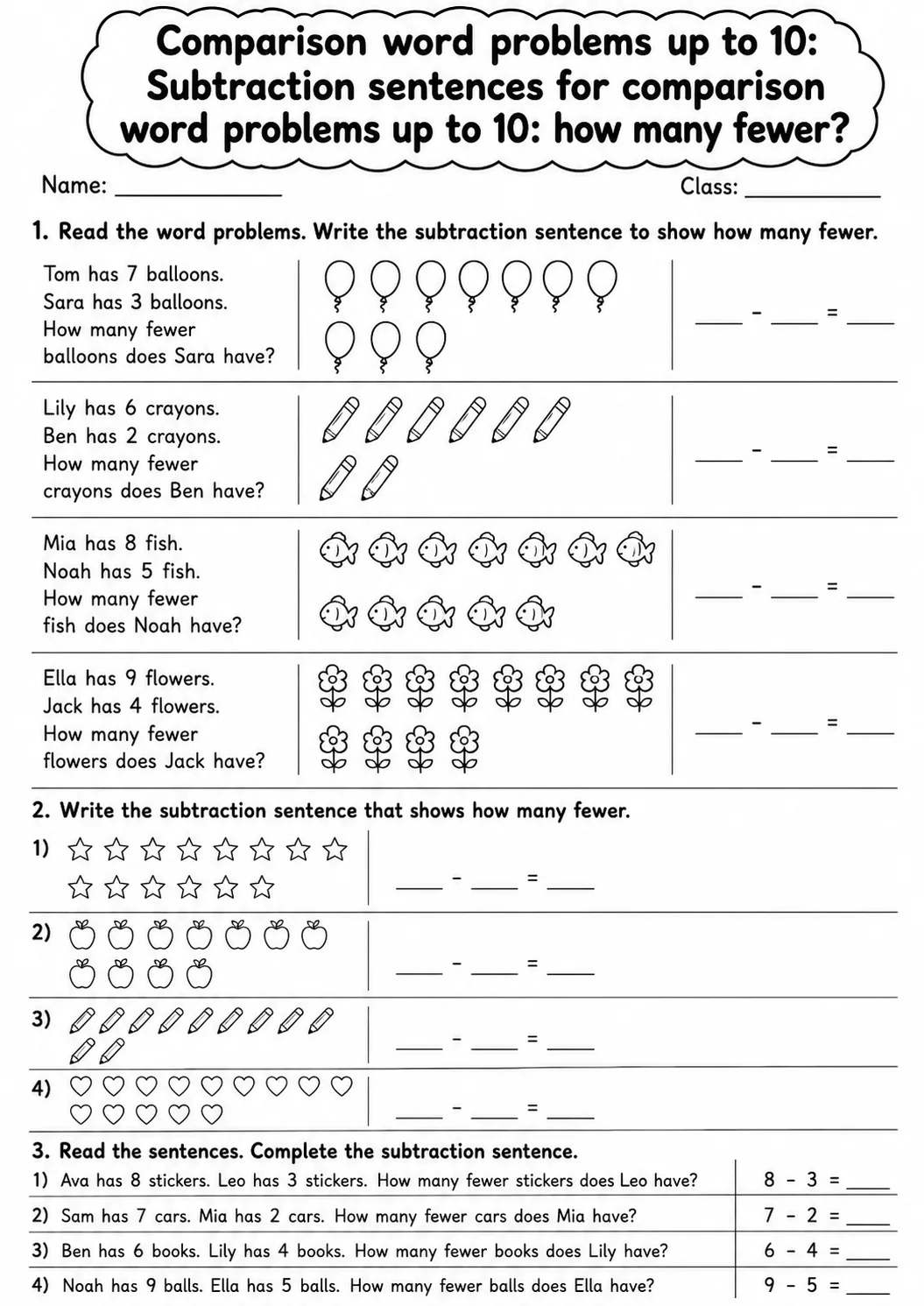 Grade 1 Comparison Word Problems up to 10 Math Worksheet Pack page 4 printable worksheet preview