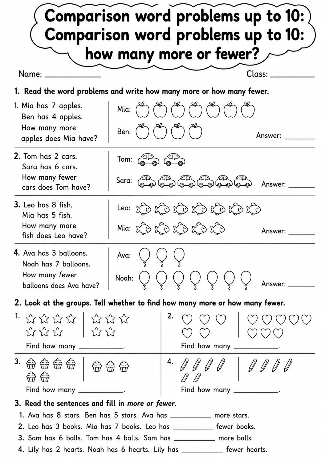 Grade 1 Comparison Word Problems up to 10 Math Worksheet Pack page 5 printable worksheet preview