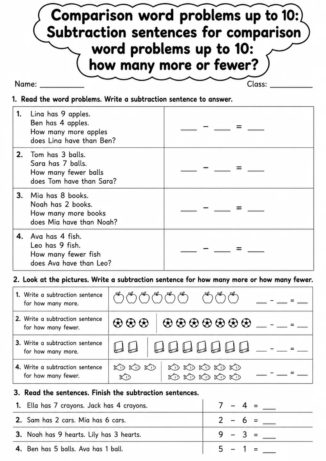 Grade 1 Comparison Word Problems up to 10 Math Worksheet Pack page 6 printable worksheet preview