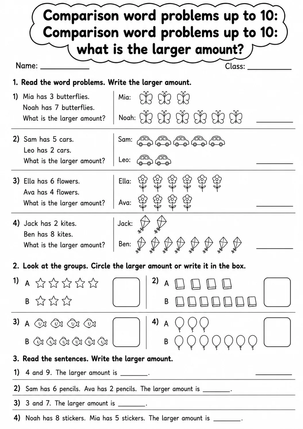 Grade 1 Comparison Word Problems up to 10 Math Worksheet Pack page 7 printable worksheet preview