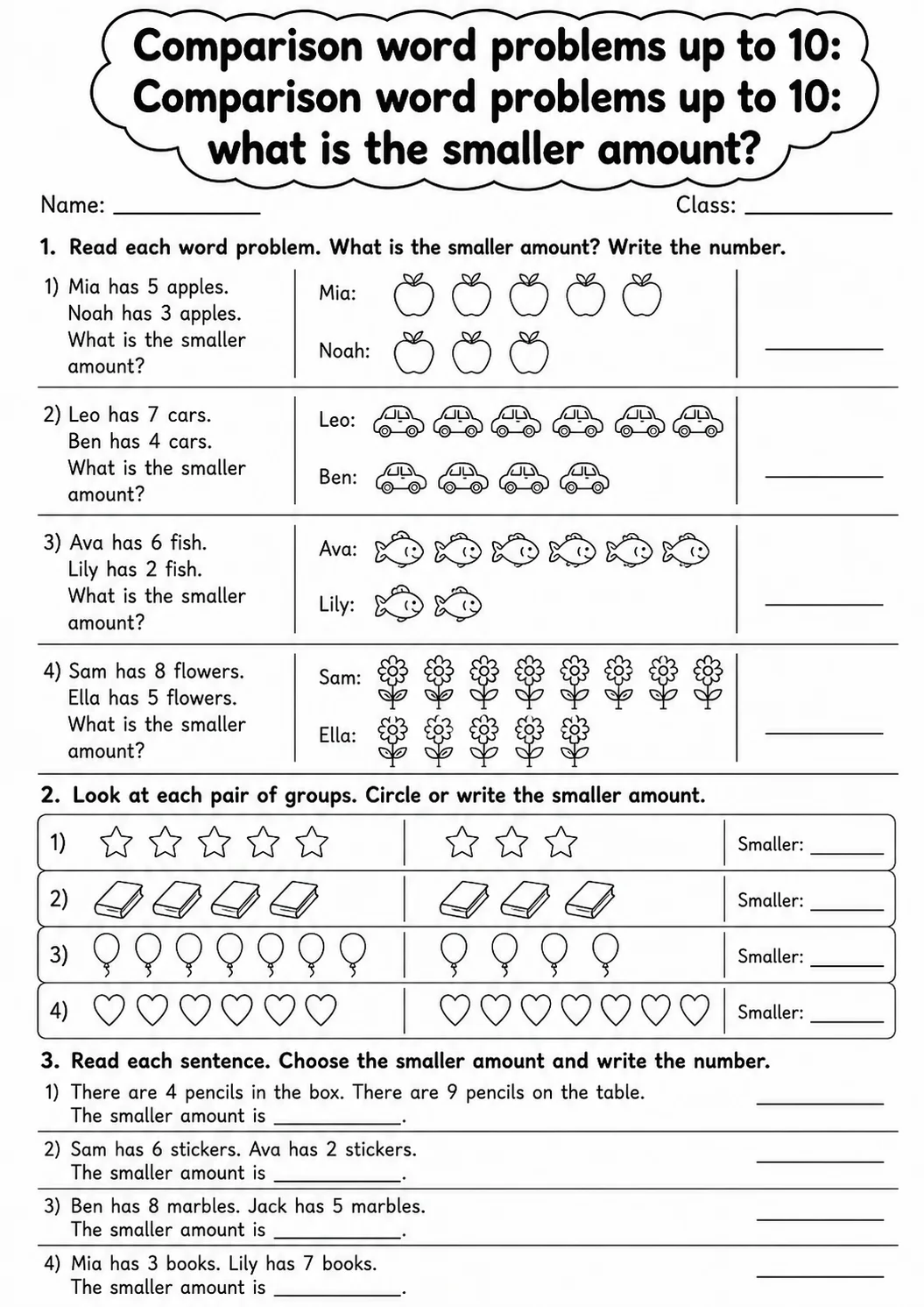 Grade 1 Comparison Word Problems up to 10 Math Worksheet Pack page 8 printable worksheet preview