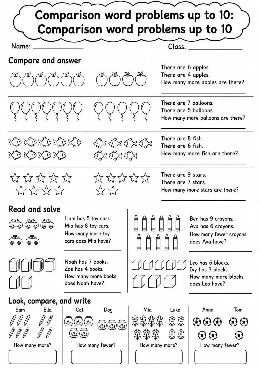 Grade 1 Comparison Word Problems up to 10 Math Worksheet Pack page 9 printable worksheet preview