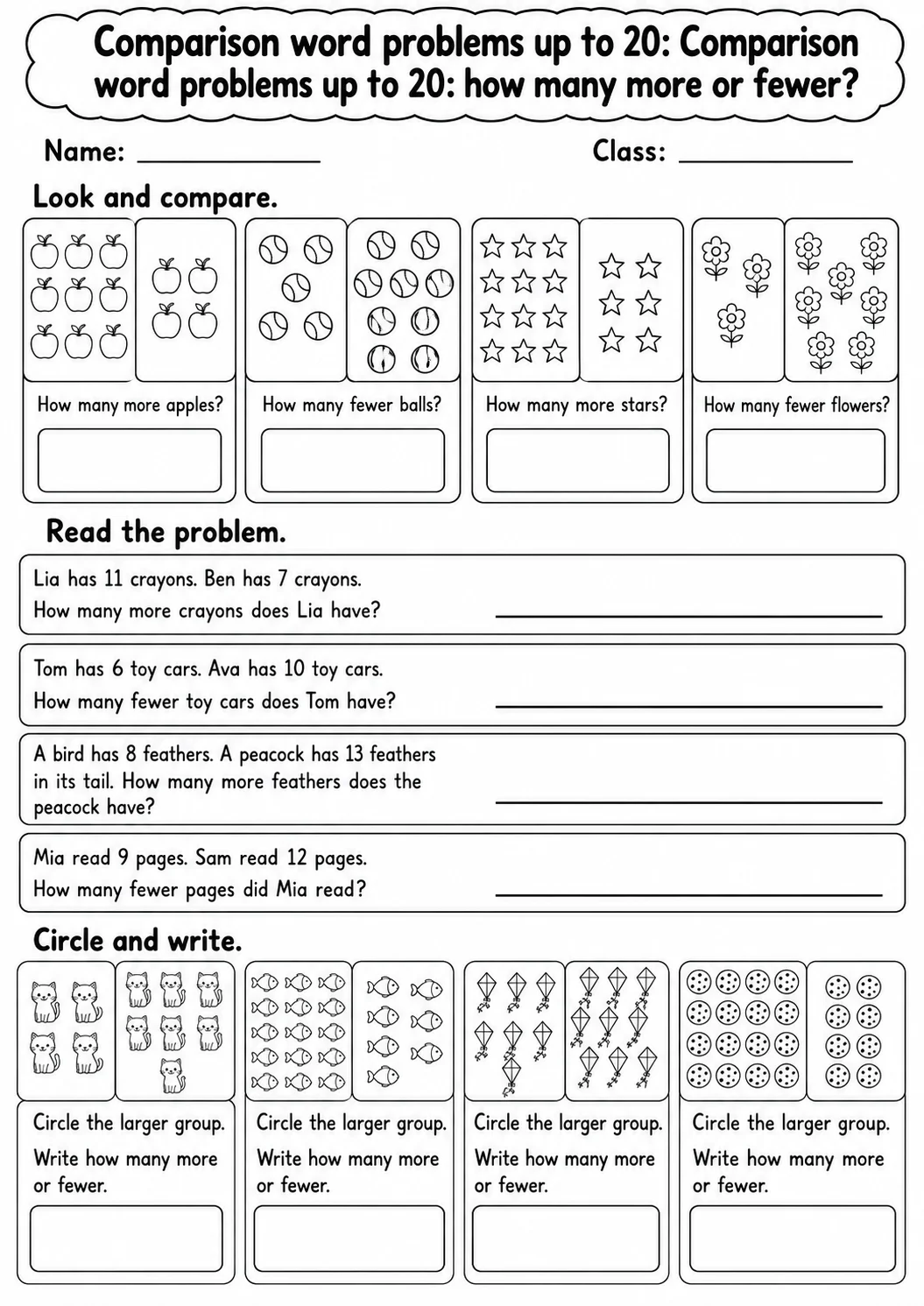 Grade 1 Comparison Word Problems Up To 20 Math Worksheet Pack printable worksheet pack preview