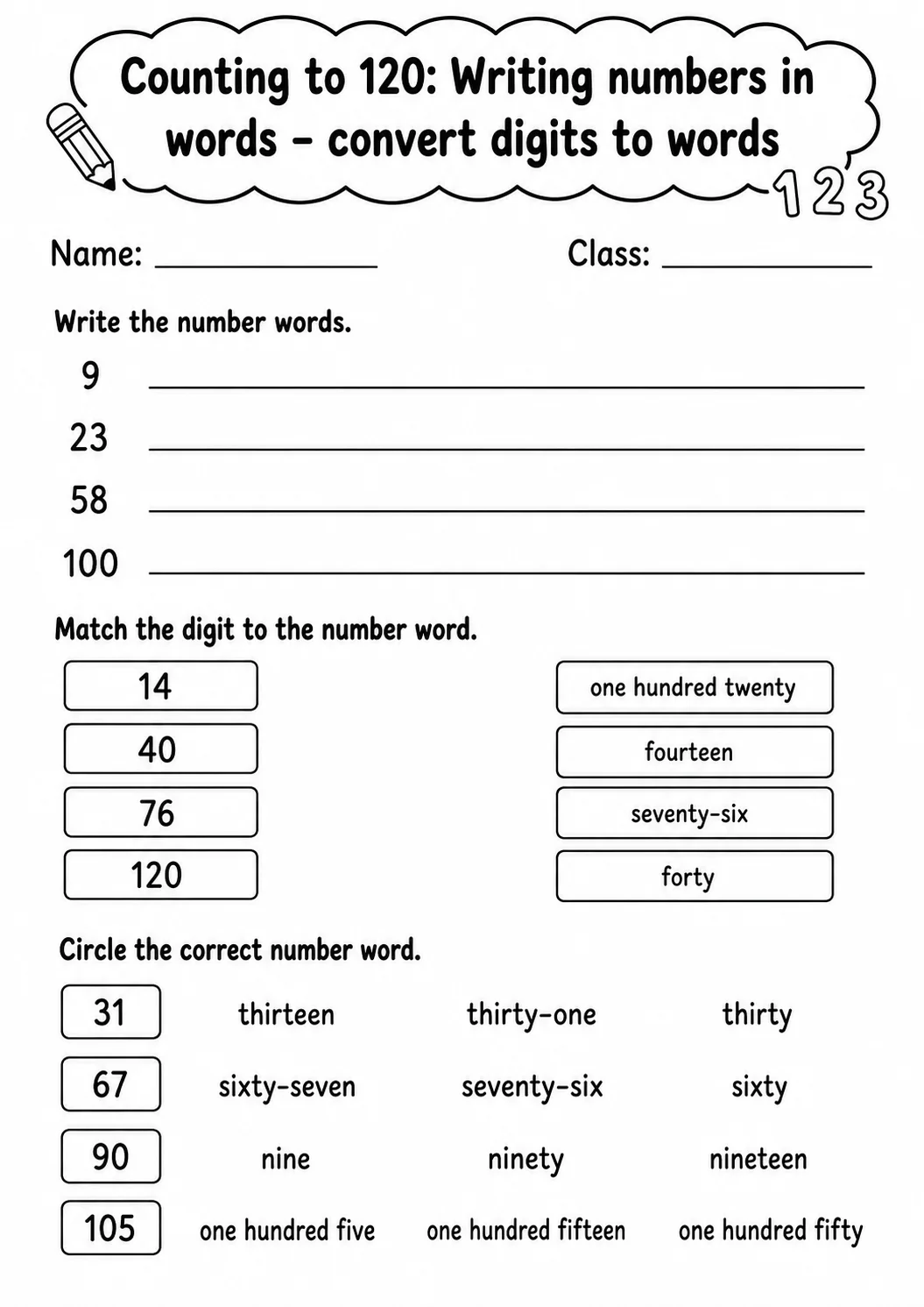 Grade 1 Counting to 120 Math Worksheet Pack page 10 printable worksheet preview