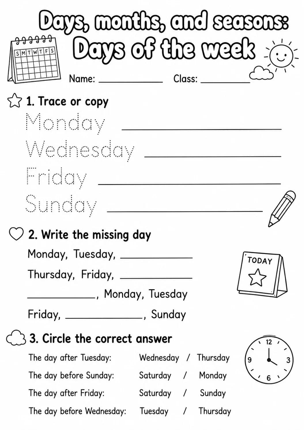 Grade 1 Days, Months, And Seasons Math Worksheet Pack printable worksheet pack preview