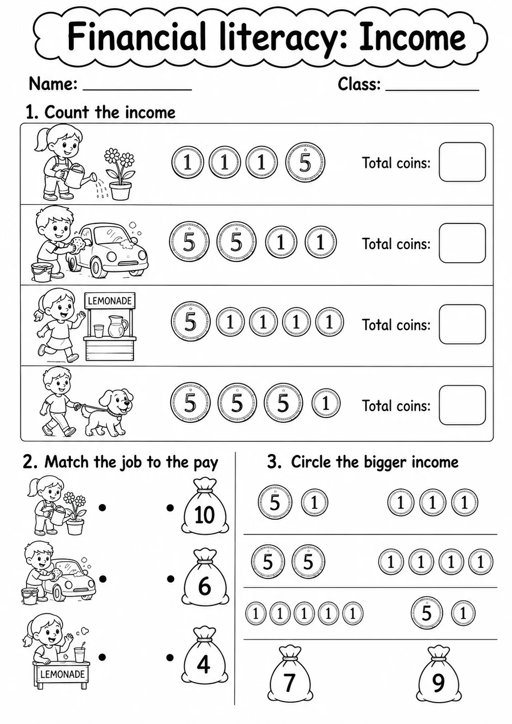 Grade 1 Financial Literacy Math Worksheet Pack printable worksheet pack preview
