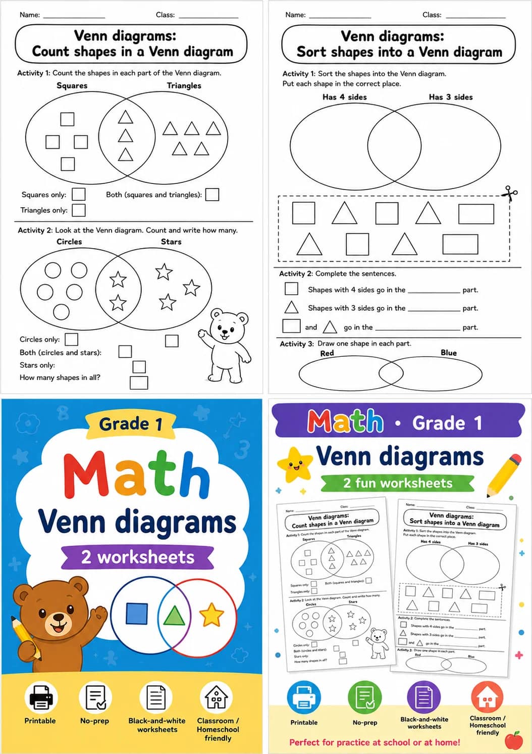 Grade 1 Fractions Math Worksheet Pack printable worksheet pack preview