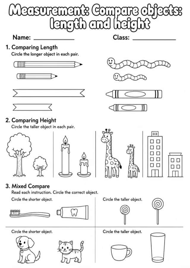 Grade 1 Measurement Math Worksheet Pack
