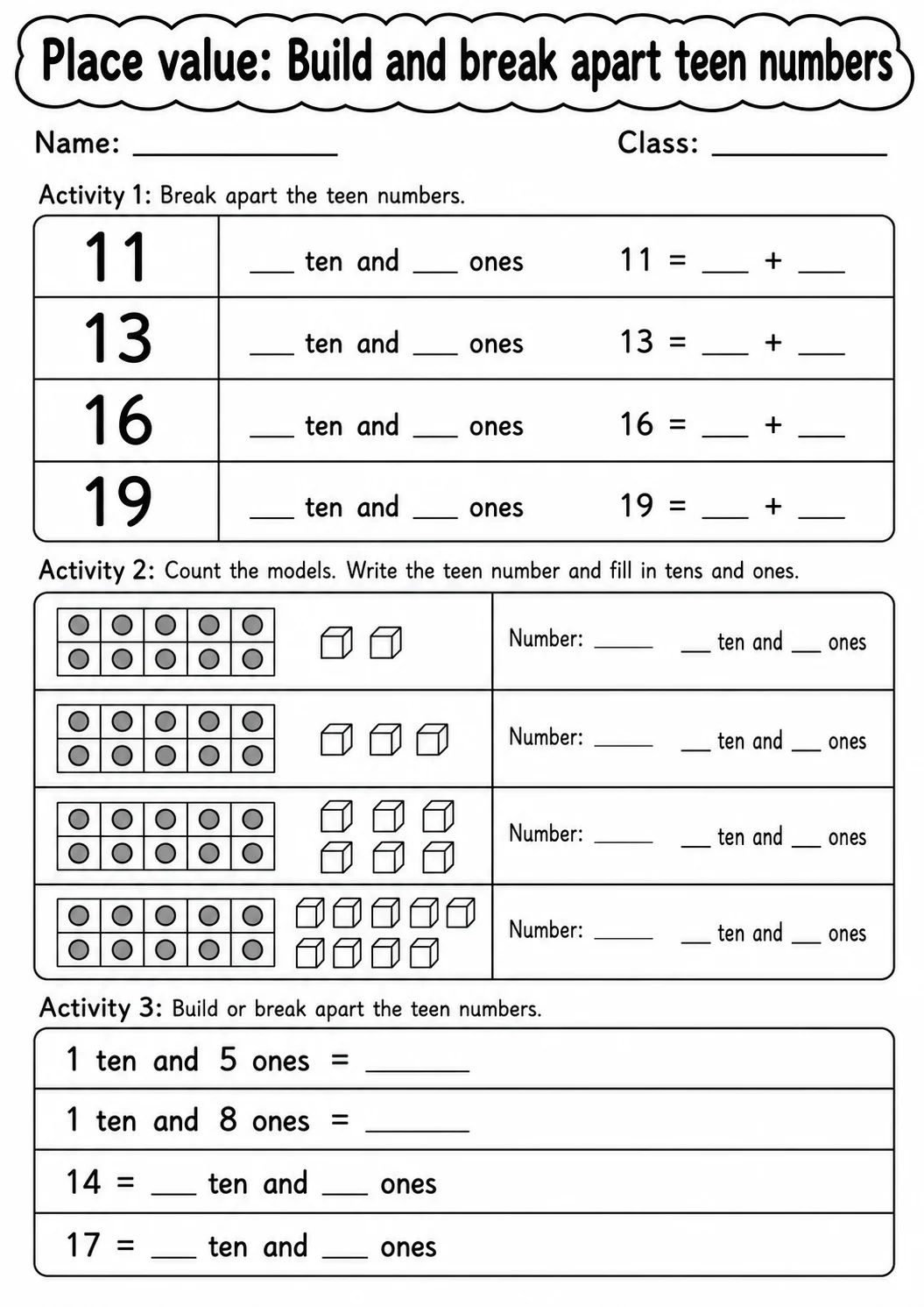 Grade 1 Place Value Math Worksheet Pack printable worksheet pack preview