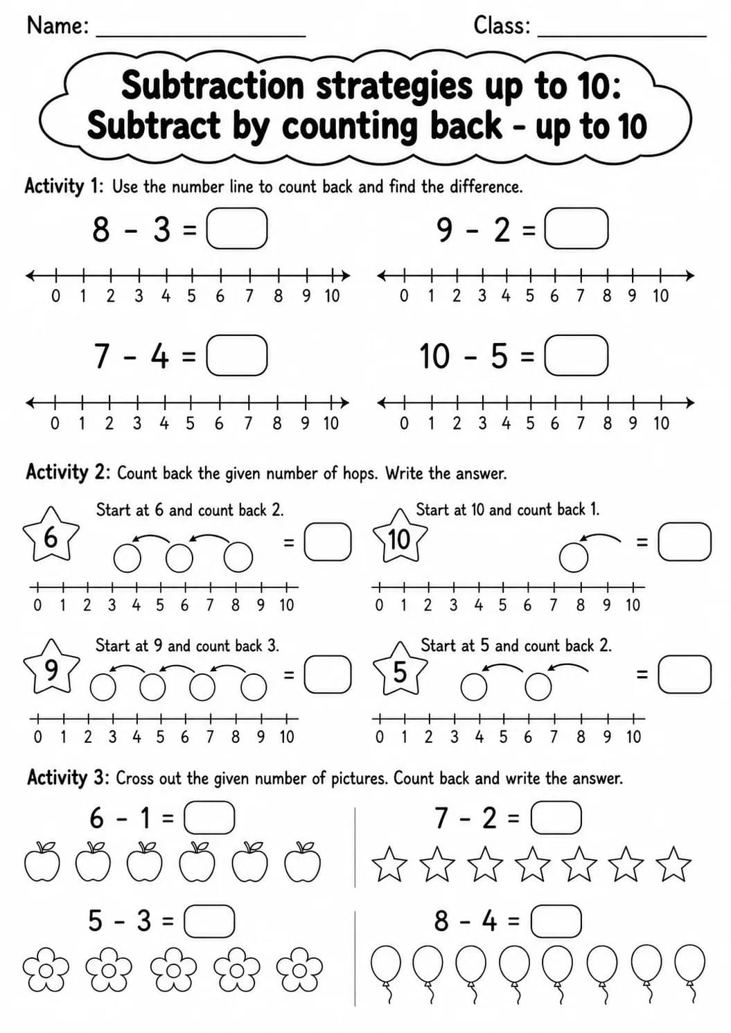 Grade 1 Subtraction Strategies up to 10 Math Worksheet Pack printable worksheet pack preview
