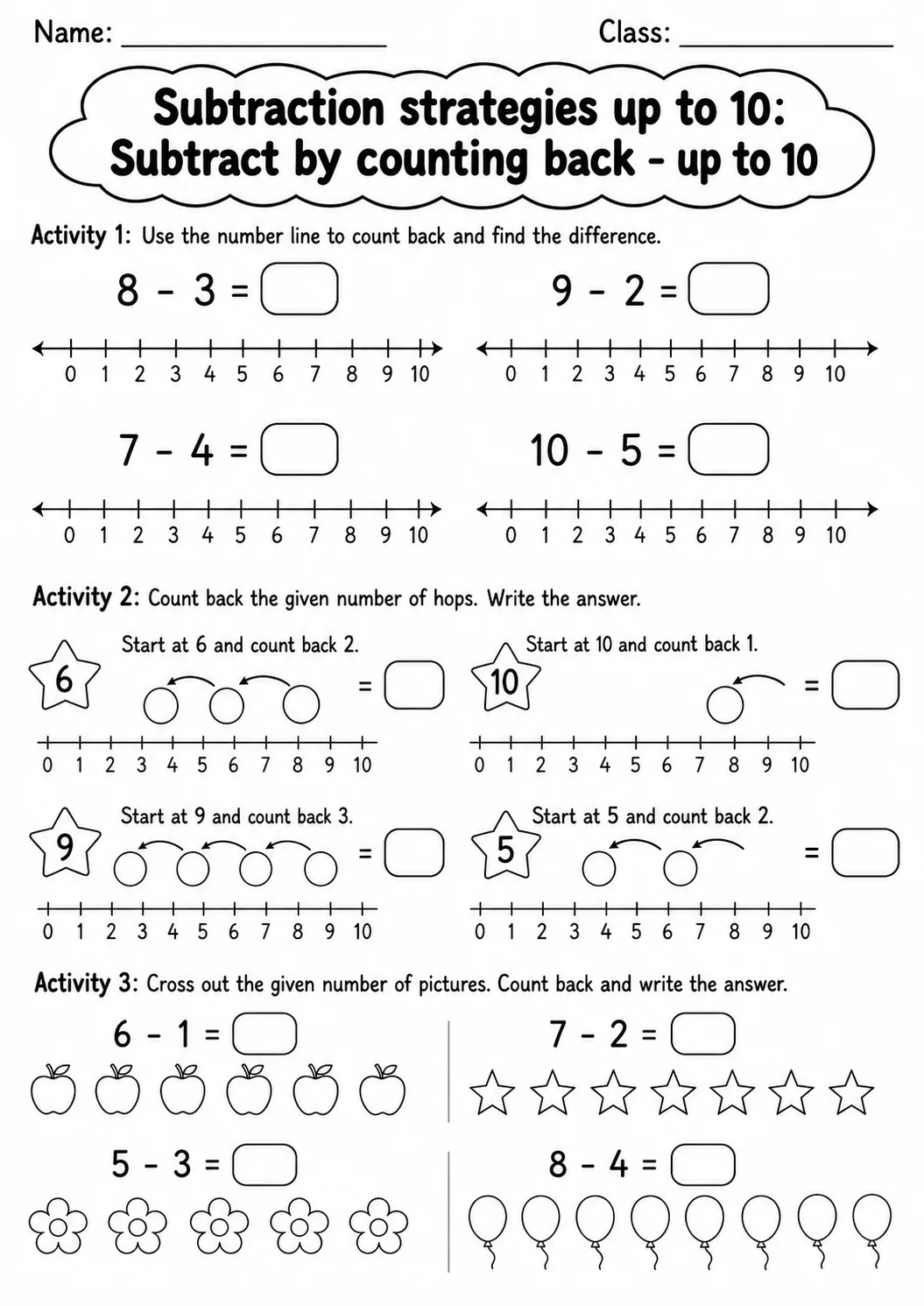 Grade 1 Subtraction Strategies up to 10 Math Worksheet Pack printable worksheet pack preview