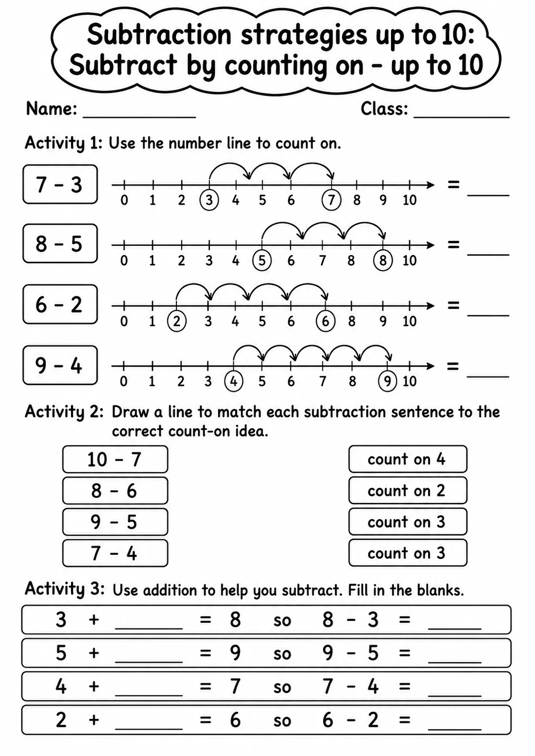 Grade 1 Subtraction Strategies up to 10 Math Worksheet Pack page 2 printable worksheet preview
