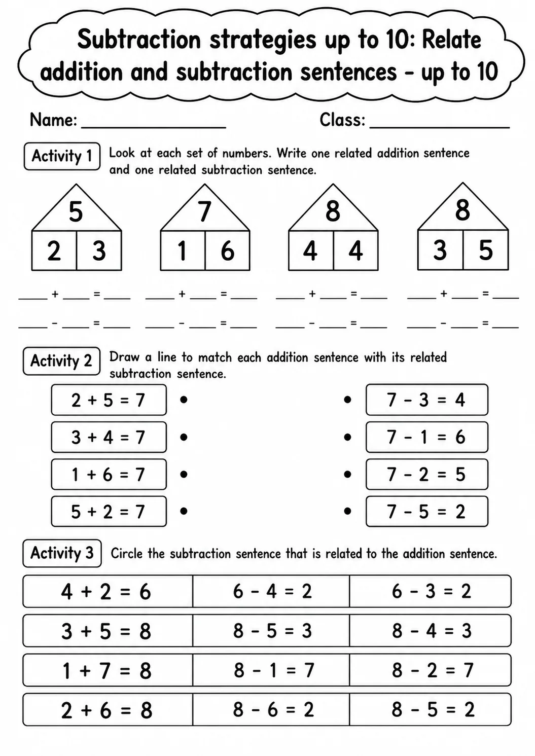Grade 1 Subtraction Strategies up to 10 Math Worksheet Pack page 3 printable worksheet preview