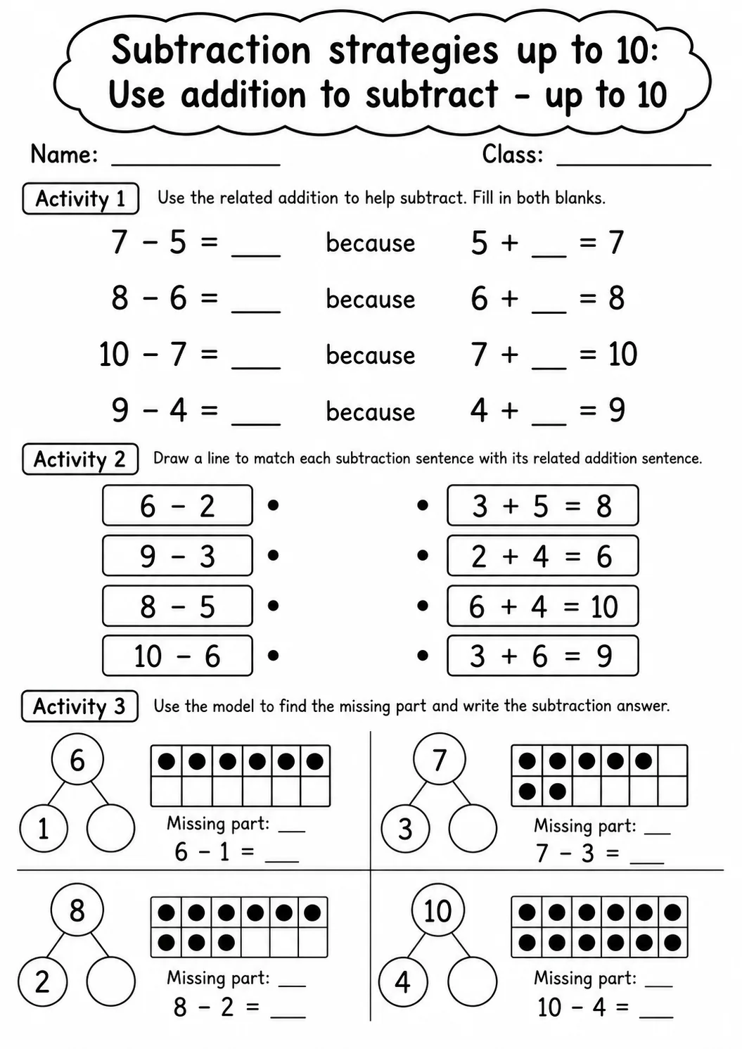 Grade 1 Subtraction Strategies up to 10 Math Worksheet Pack page 4 printable worksheet preview