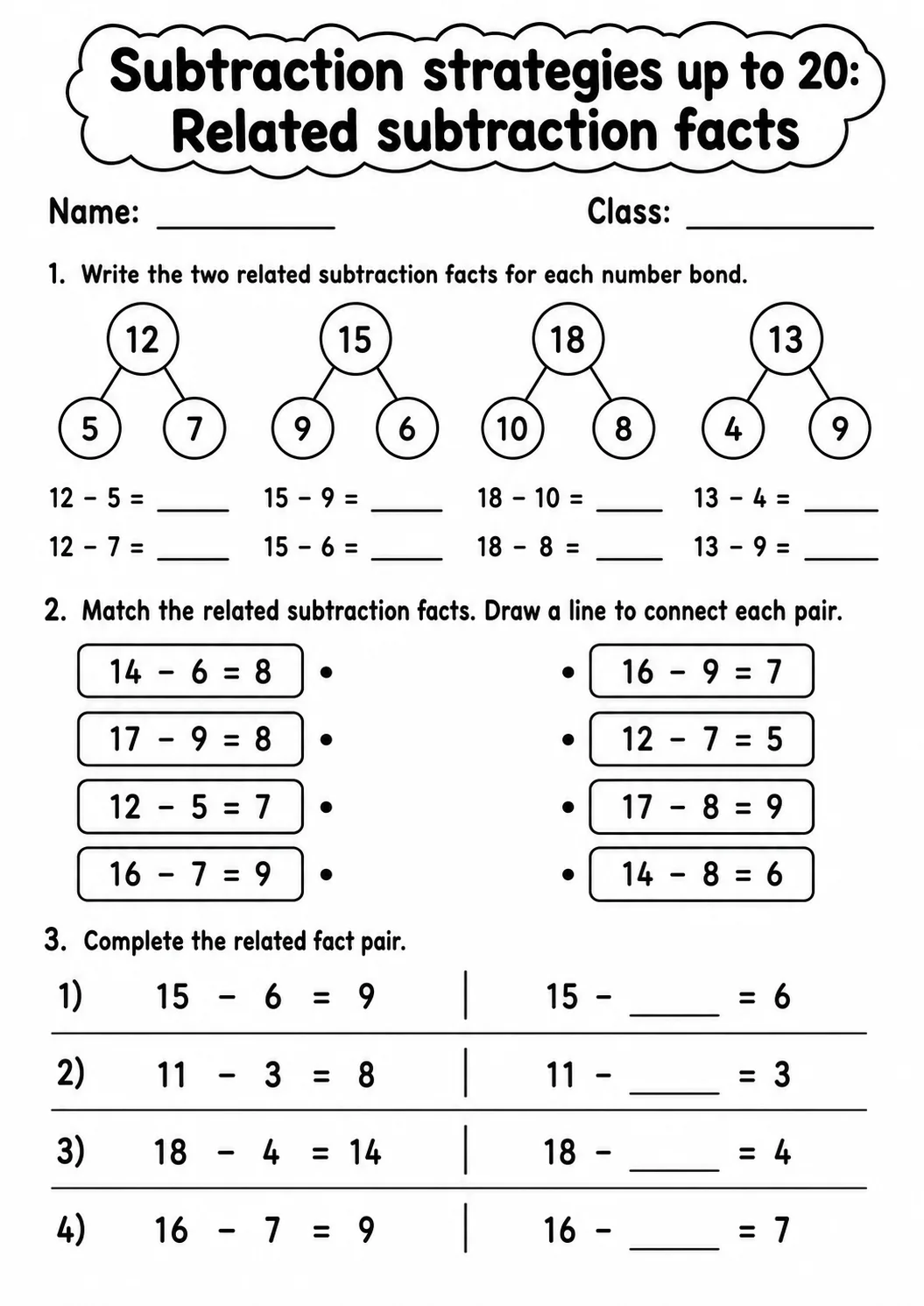 Grade 1 Subtraction Strategies up to 20 Math Worksheet Pack printable worksheet pack preview