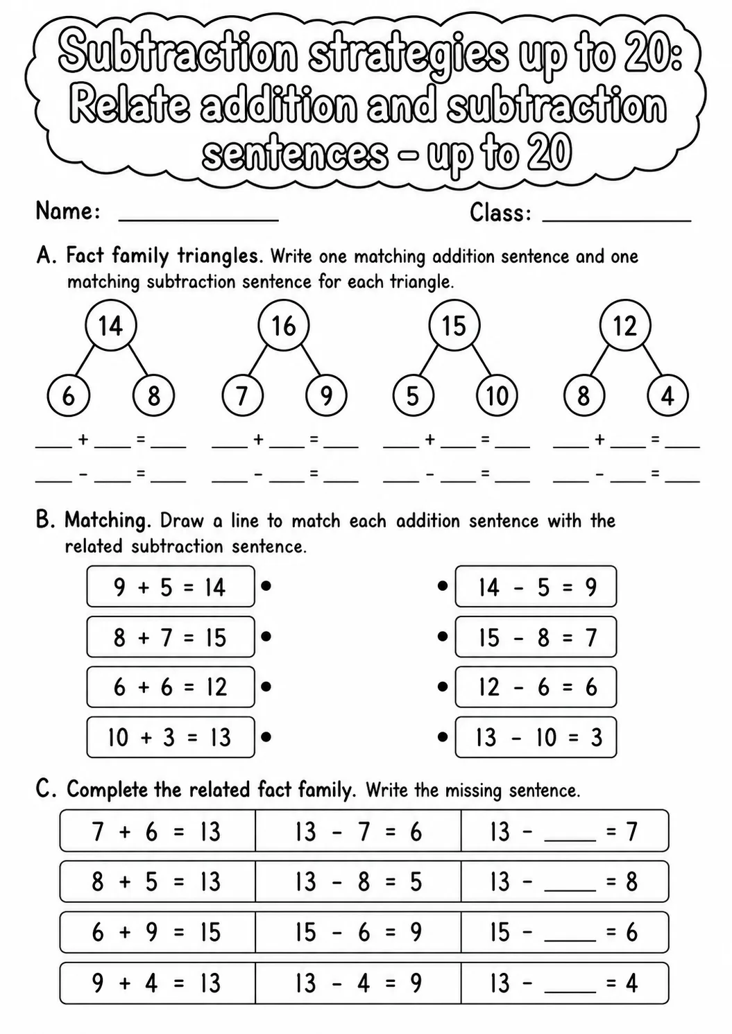 Grade 1 Subtraction Strategies up to 20 Math Worksheet Pack page 2 printable worksheet preview