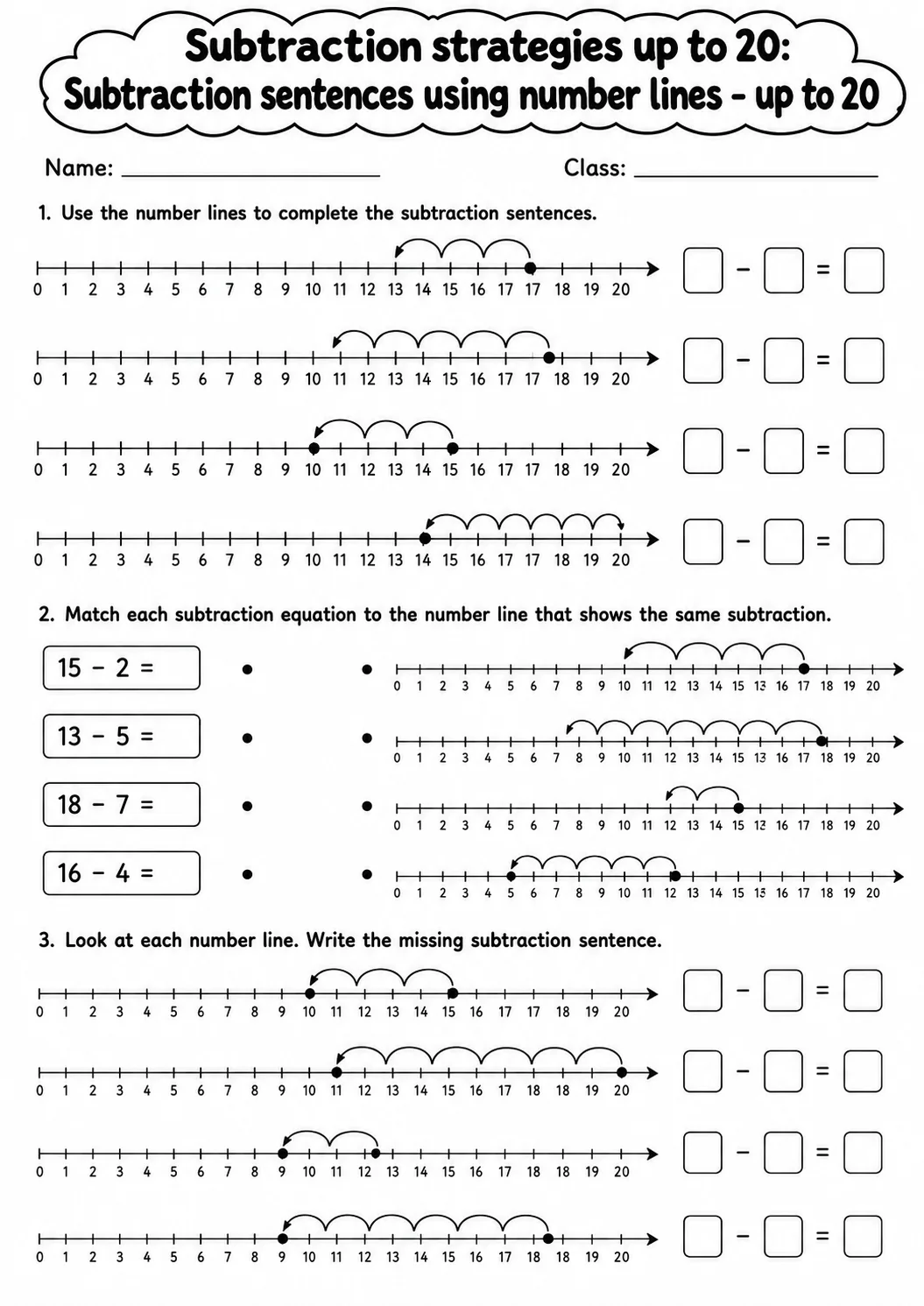 Grade 1 Subtraction Strategies up to 20 Math Worksheet Pack page 3 printable worksheet preview