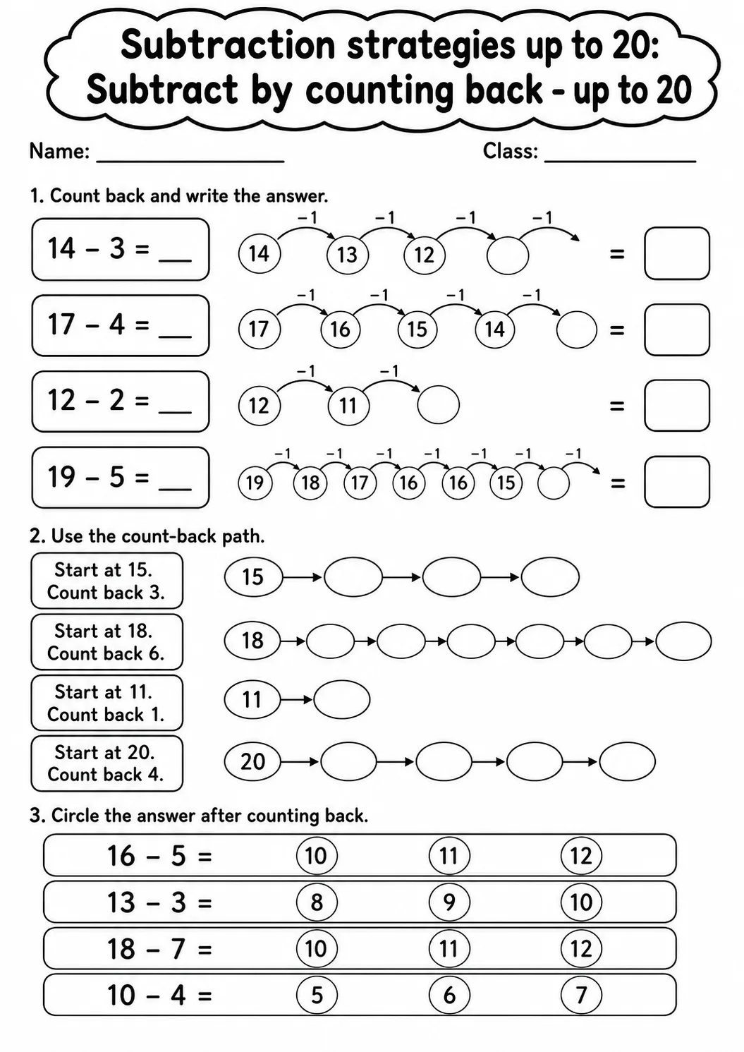 Grade 1 Subtraction Strategies up to 20 Math Worksheet Pack page 4 printable worksheet preview