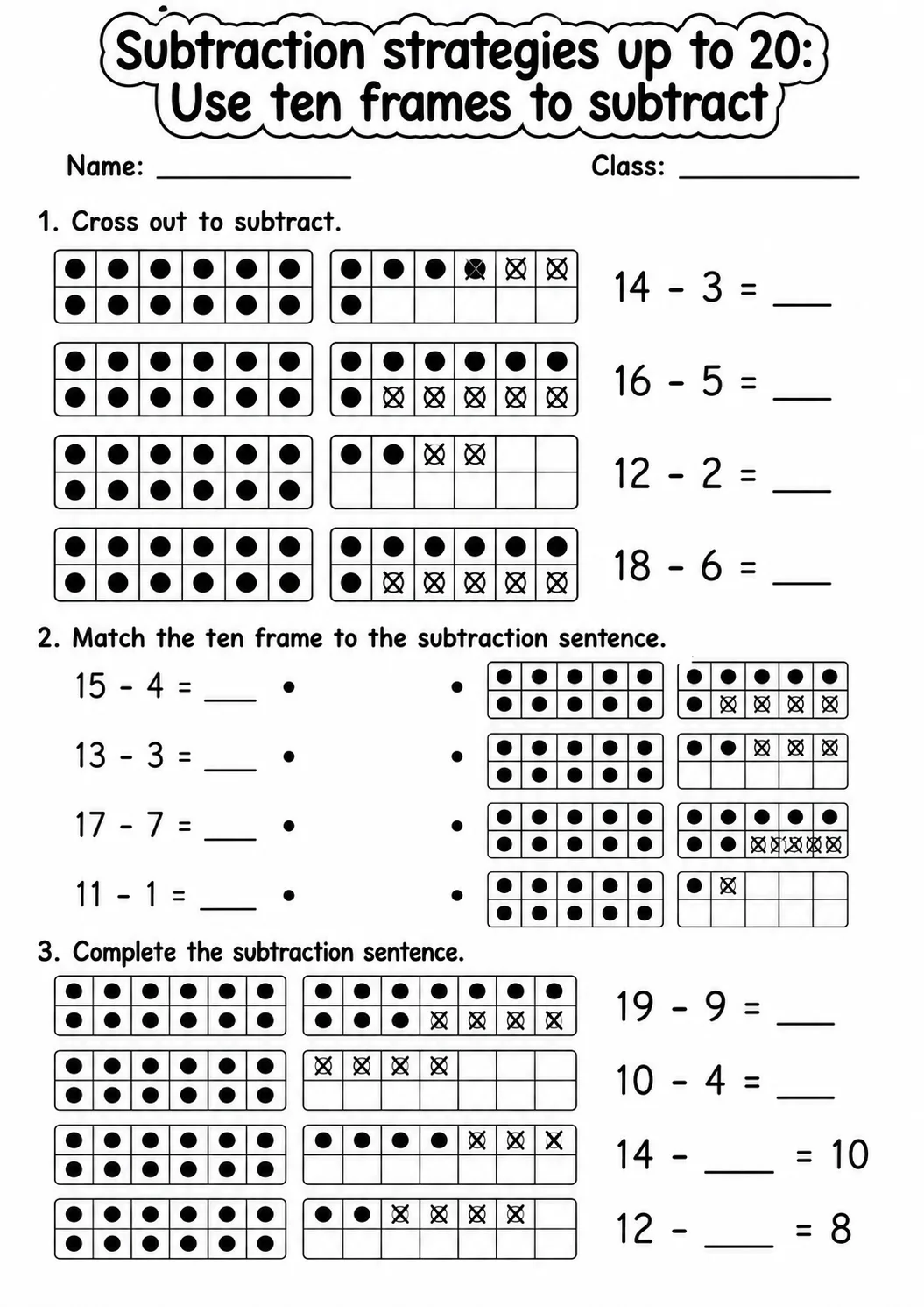 Grade 1 Subtraction Strategies up to 20 Math Worksheet Pack page 6 printable worksheet preview