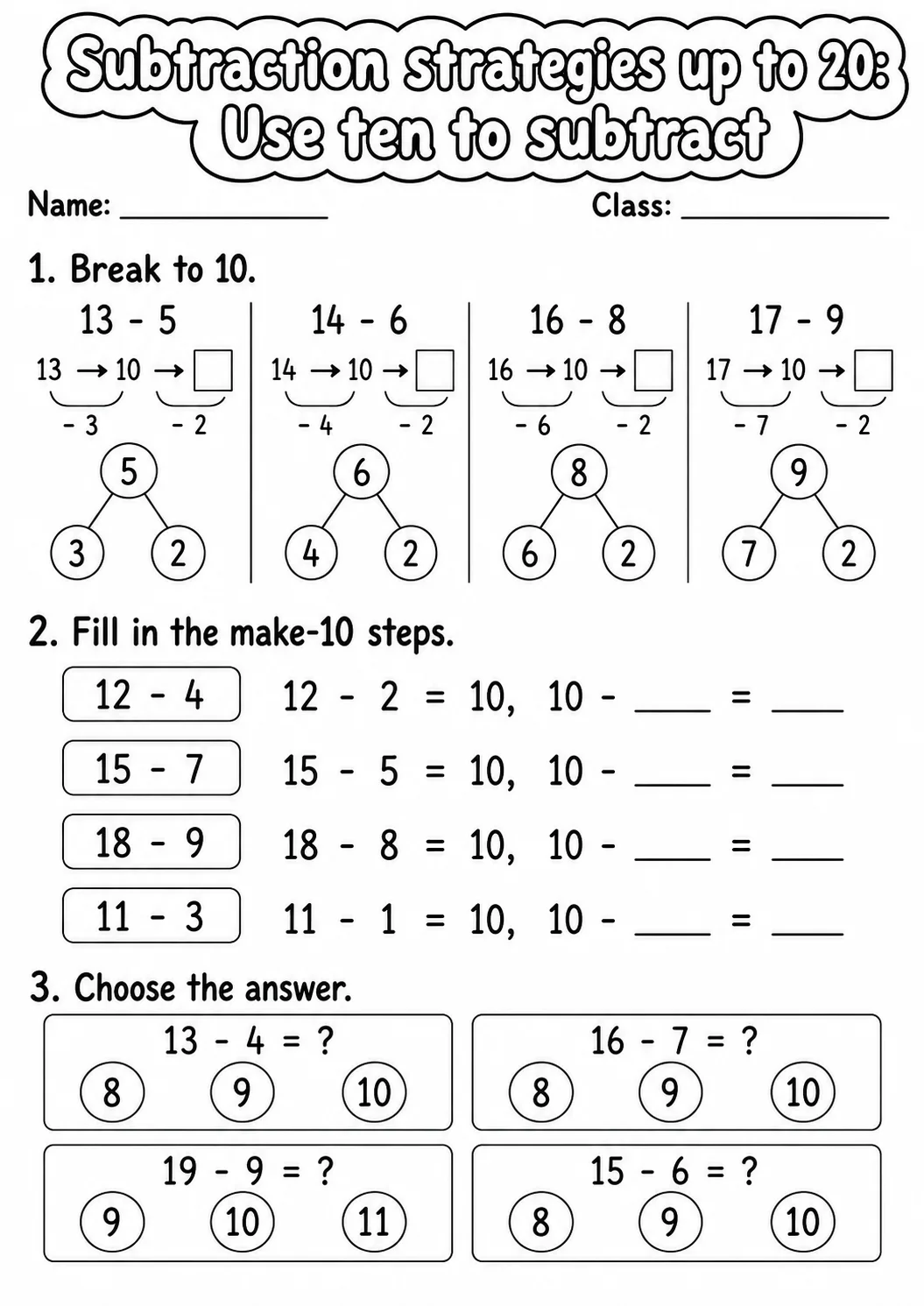 Grade 1 Subtraction Strategies up to 20 Math Worksheet Pack page 7 printable worksheet preview