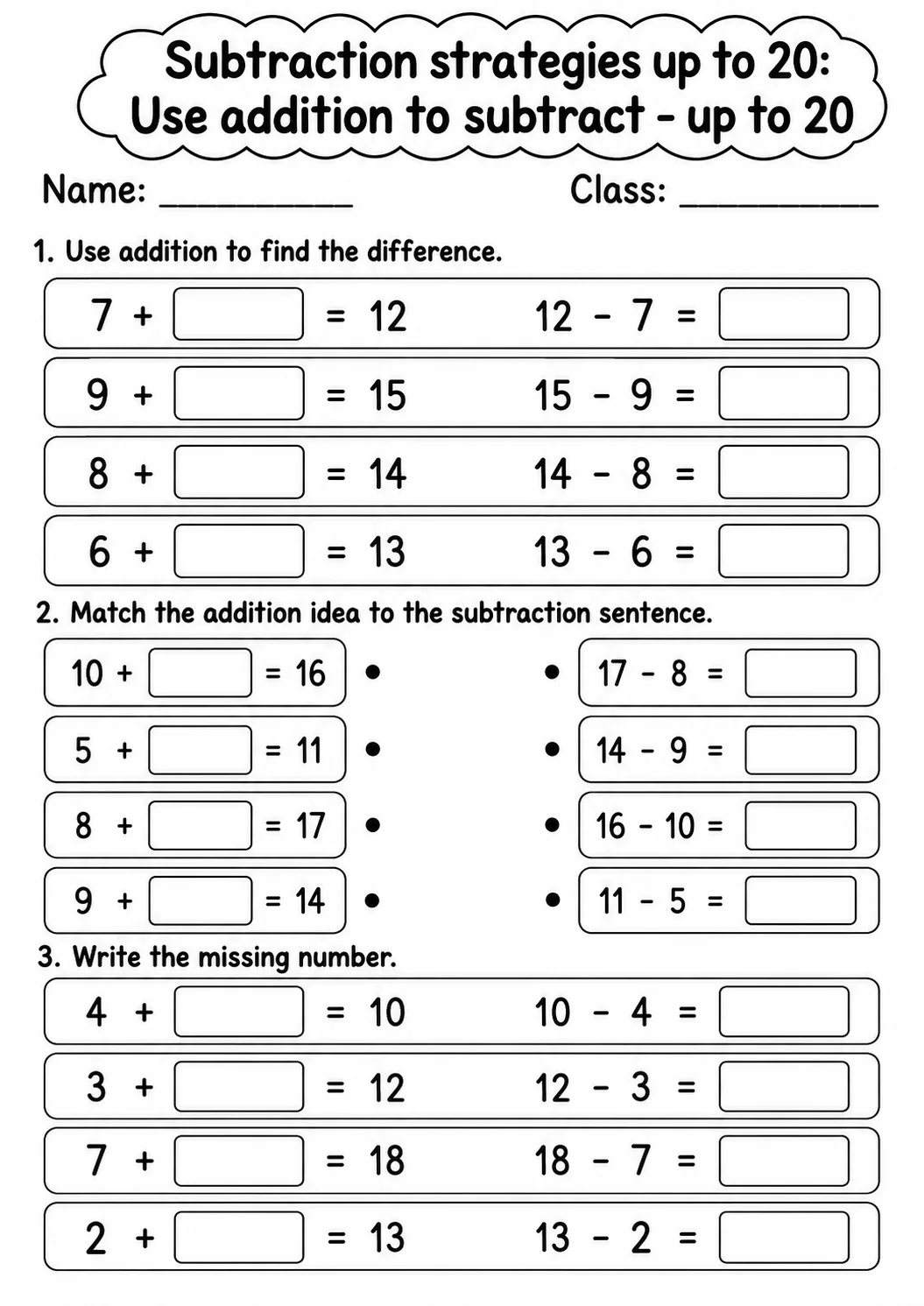 Grade 1 Subtraction Strategies up to 20 Math Worksheet Pack page 8 printable worksheet preview
