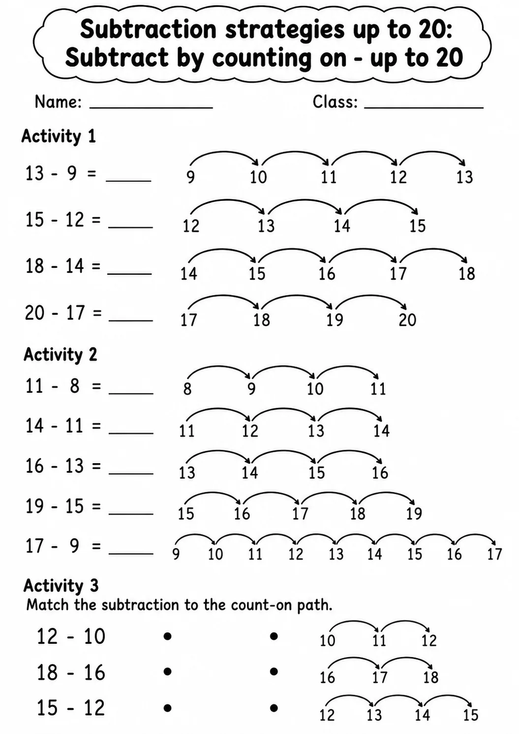Grade 1 Subtraction Strategies up to 20 Math Worksheet Pack page 9 printable worksheet preview