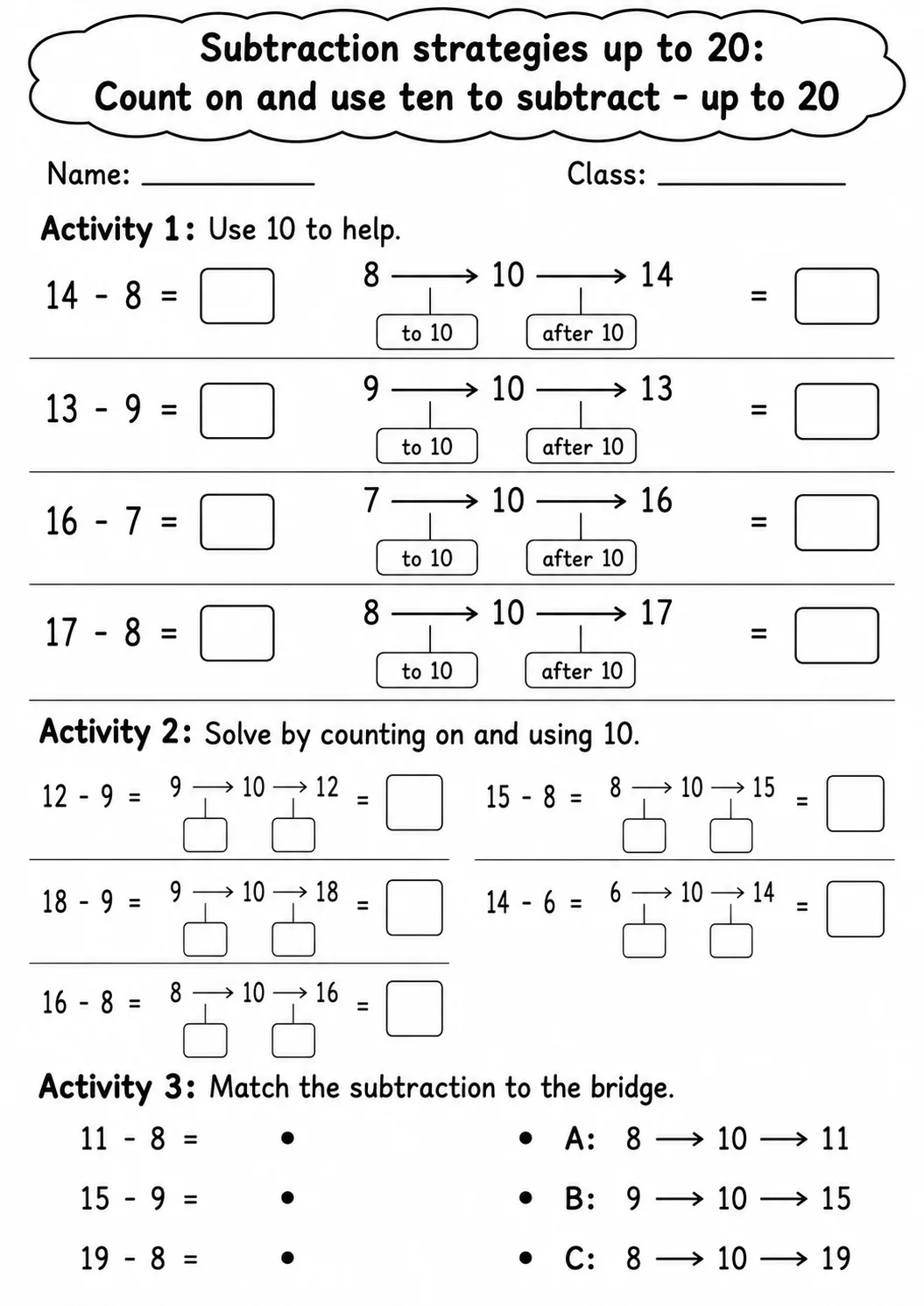 Grade 1 Subtraction Strategies up to 20 Math Worksheet Pack page 10 printable worksheet preview