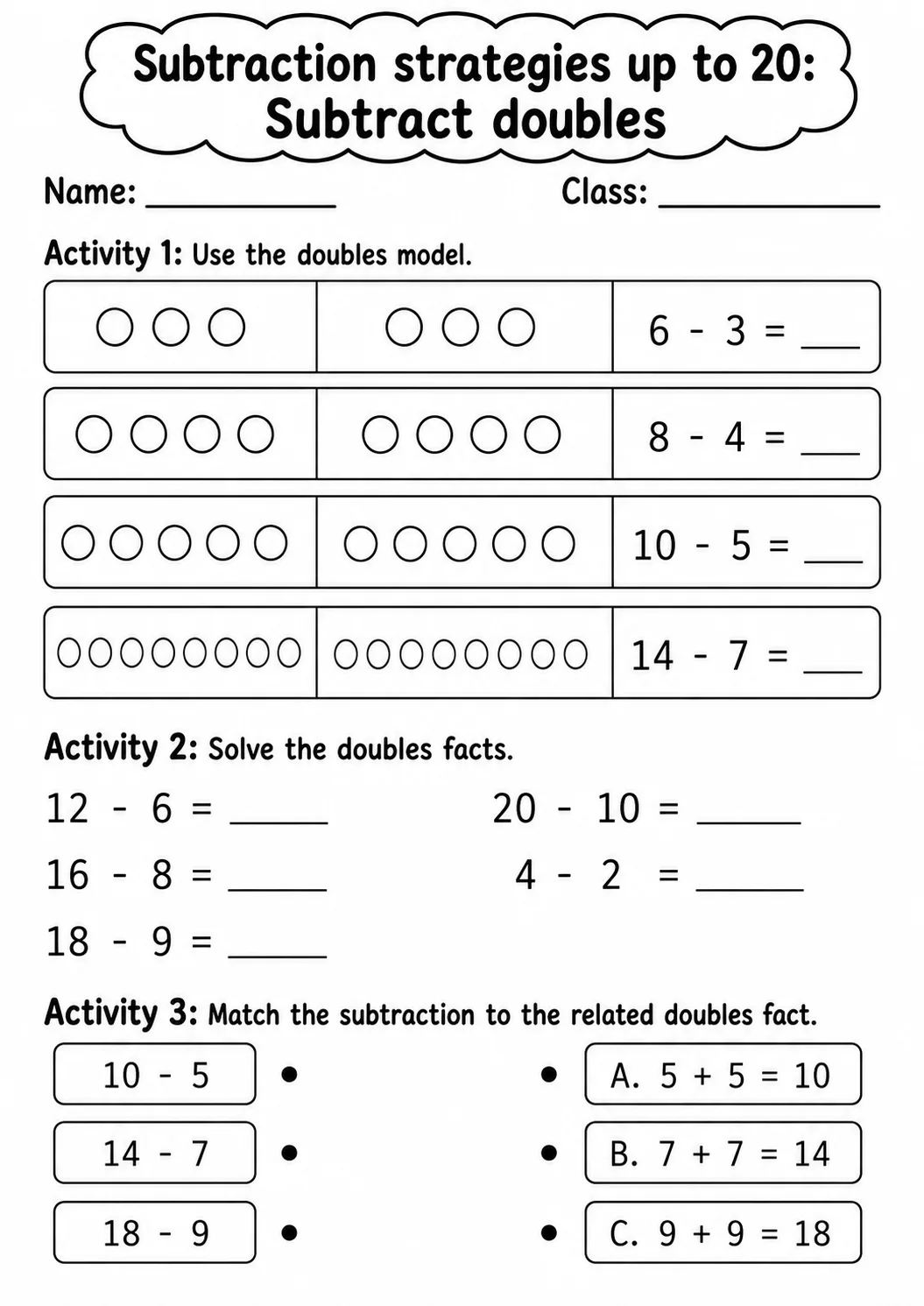 Grade 1 Subtraction Strategies up to 20 Math Worksheet Pack page 11 printable worksheet preview