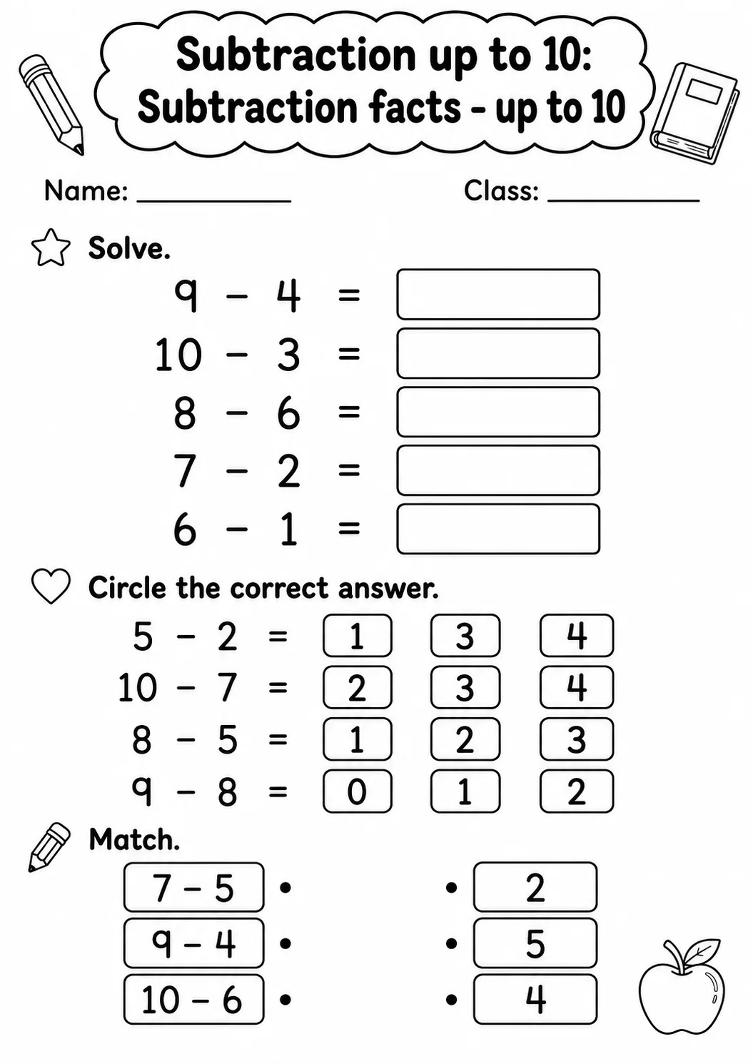 Grade 1 Subtraction up to 10 Math Worksheet Pack printable worksheet pack preview