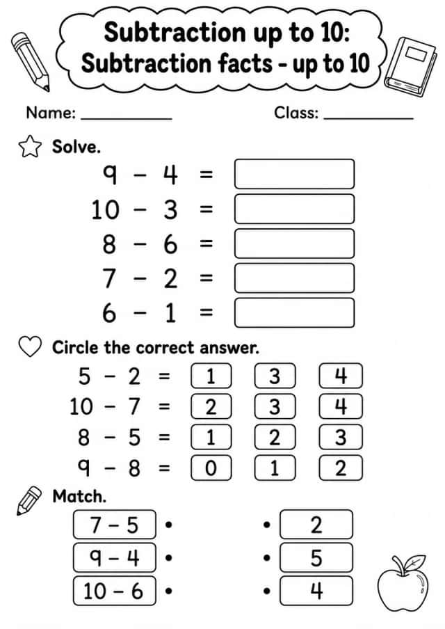 Grade 1 Subtraction up to 10 Math Worksheet Pack