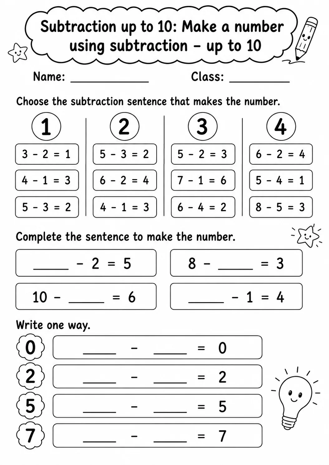 Grade 1 Subtraction up to 10 Math Worksheet Pack page 2 printable worksheet preview