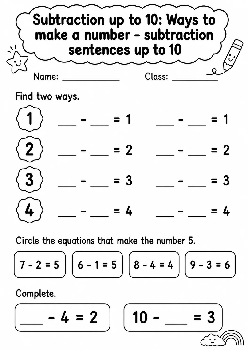 Grade 1 Subtraction up to 10 Math Worksheet Pack page 3 printable worksheet preview