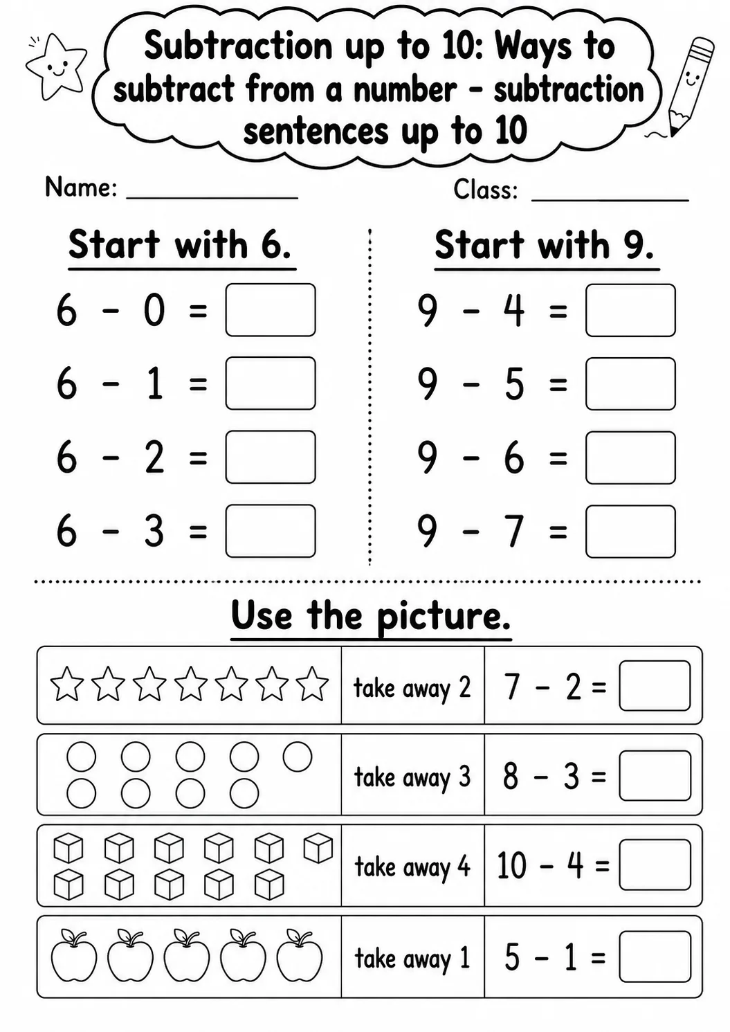 Grade 1 Subtraction up to 10 Math Worksheet Pack page 4 printable worksheet preview