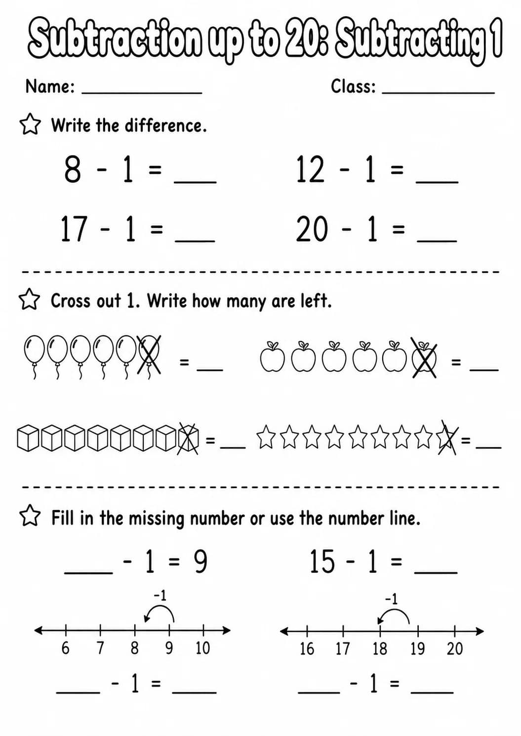 Grade 1 Subtraction up to 20 Math Worksheet Pack printable worksheet pack preview