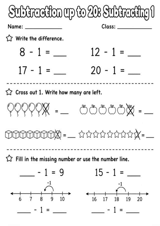Grade 1 Subtraction up to 20 Math Worksheet Pack