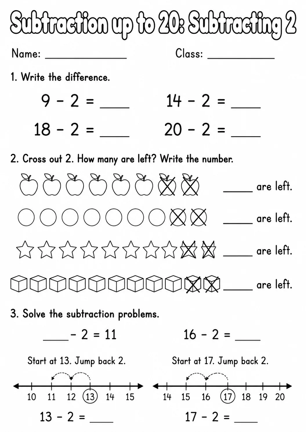 Grade 1 Subtraction up to 20 Math Worksheet Pack page 2 printable worksheet preview