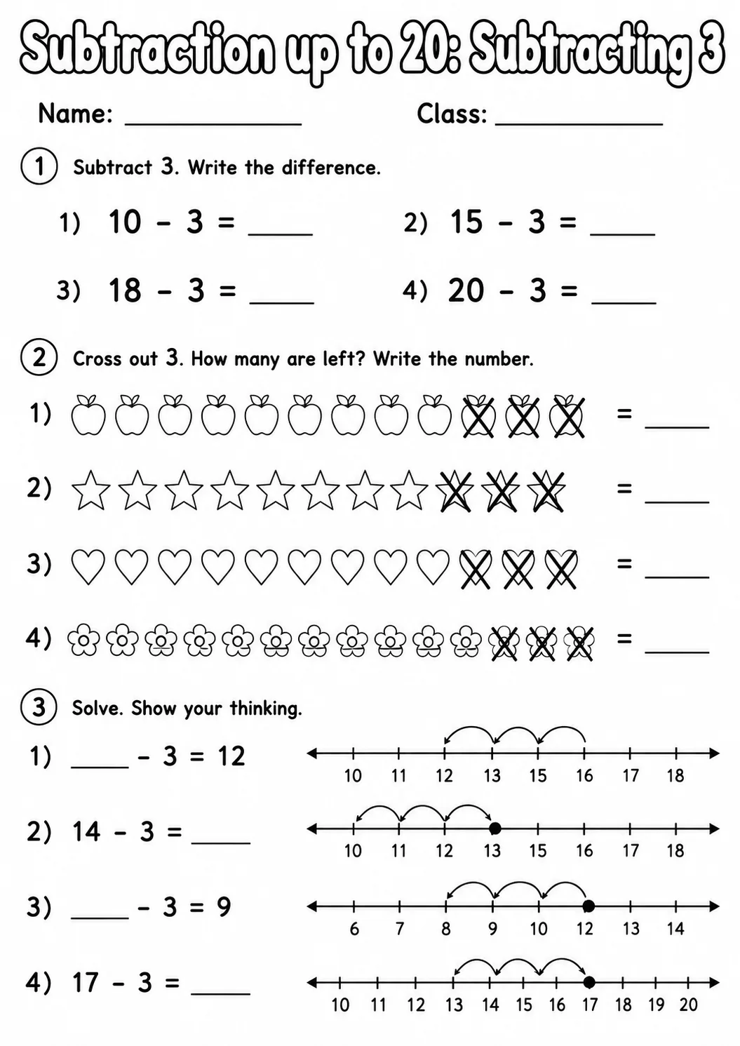 Grade 1 Subtraction up to 20 Math Worksheet Pack page 3 printable worksheet preview