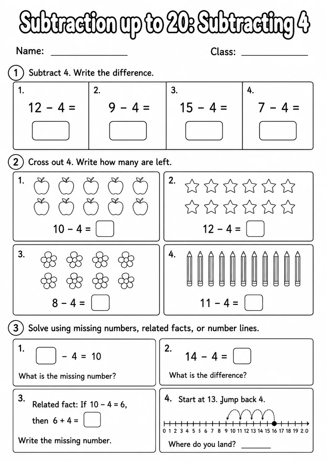 Grade 1 Subtraction up to 20 Math Worksheet Pack page 4 printable worksheet preview