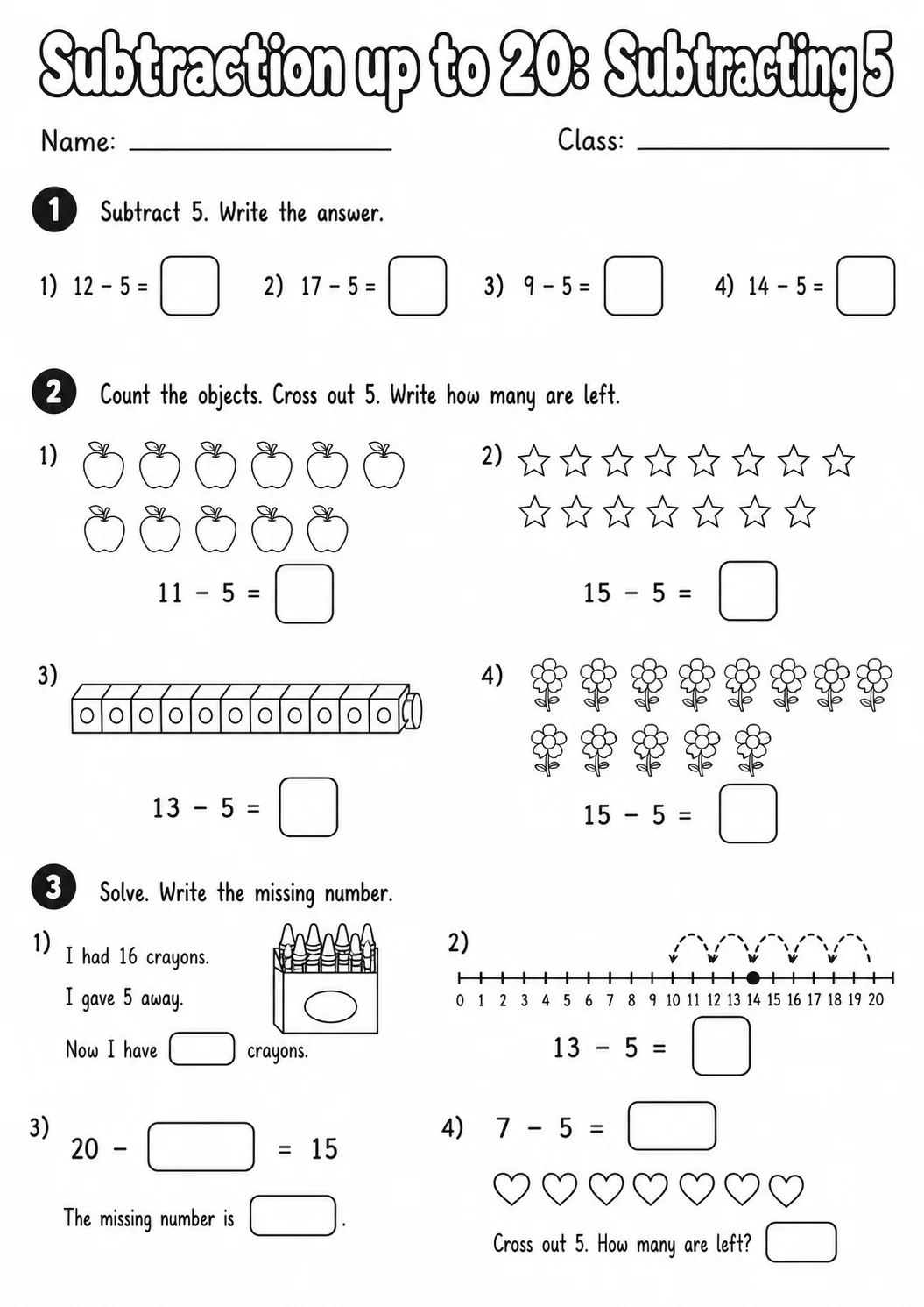 Grade 1 Subtraction up to 20 Math Worksheet Pack page 5 printable worksheet preview