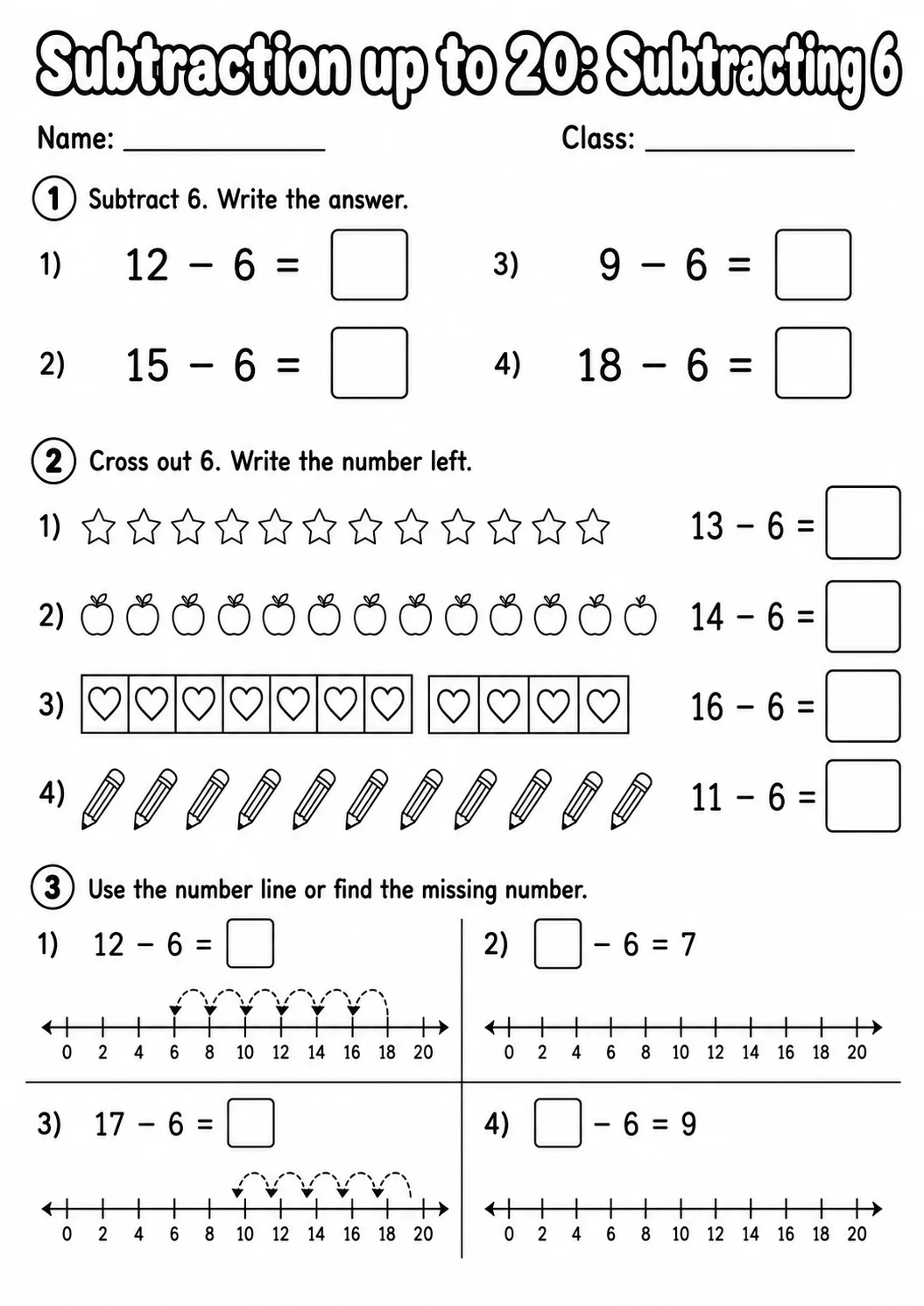 Grade 1 Subtraction up to 20 Math Worksheet Pack page 6 printable worksheet preview