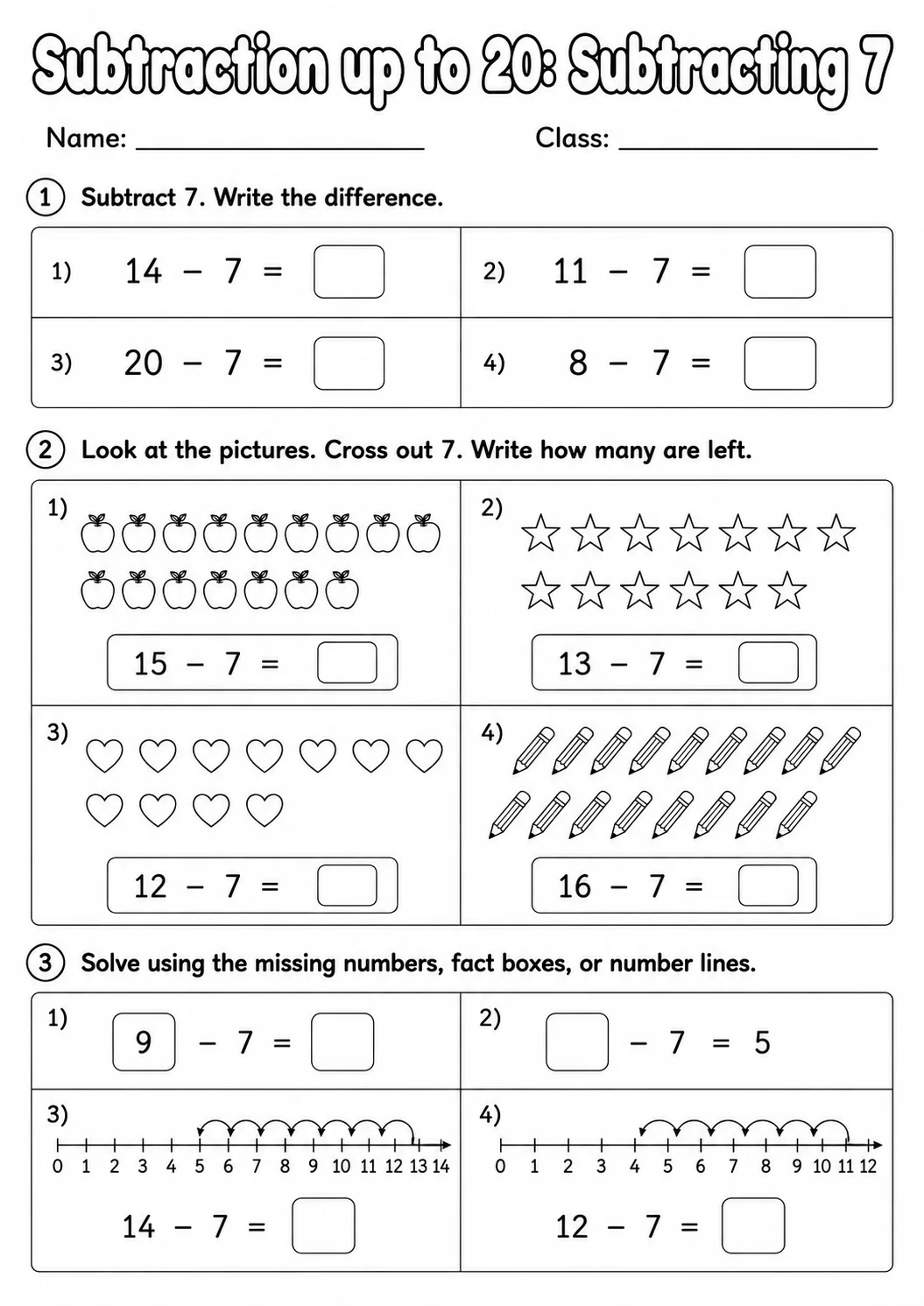 Grade 1 Subtraction up to 20 Math Worksheet Pack page 7 printable worksheet preview