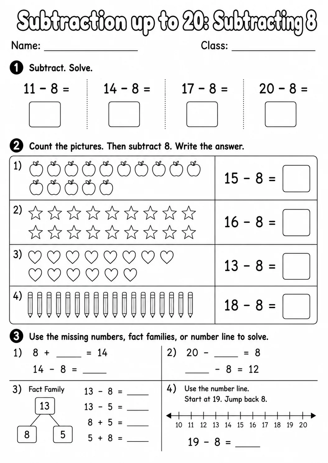 Grade 1 Subtraction up to 20 Math Worksheet Pack page 8 printable worksheet preview