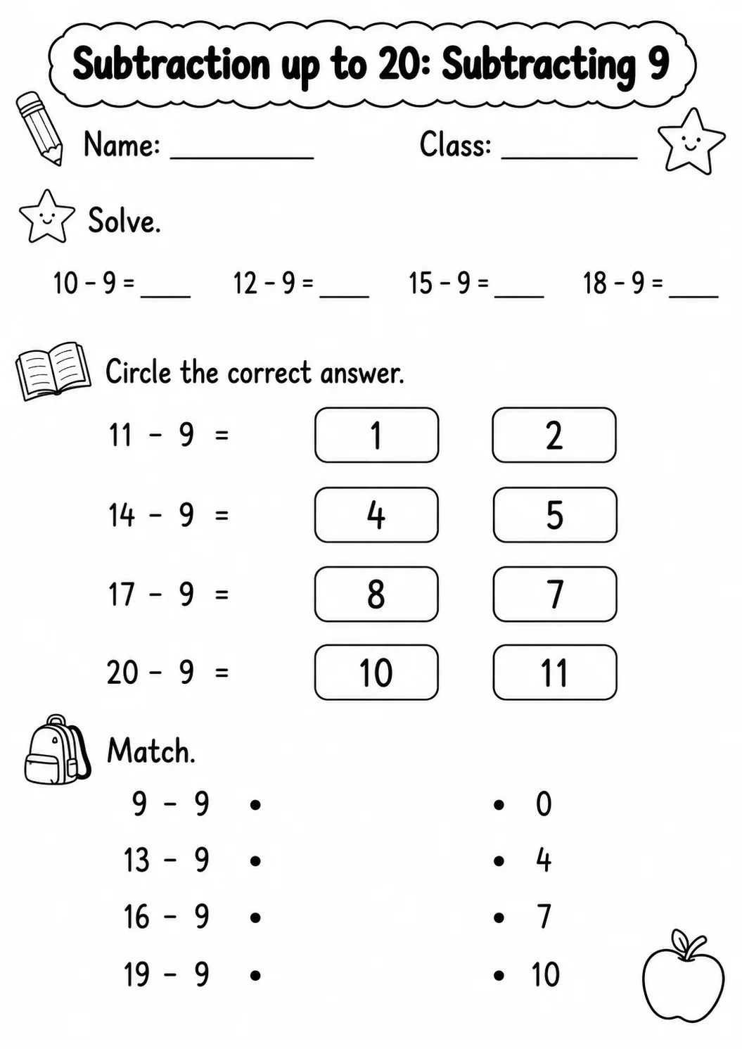 Grade 1 Subtraction up to 20 Math Worksheet Pack page 9 printable worksheet preview