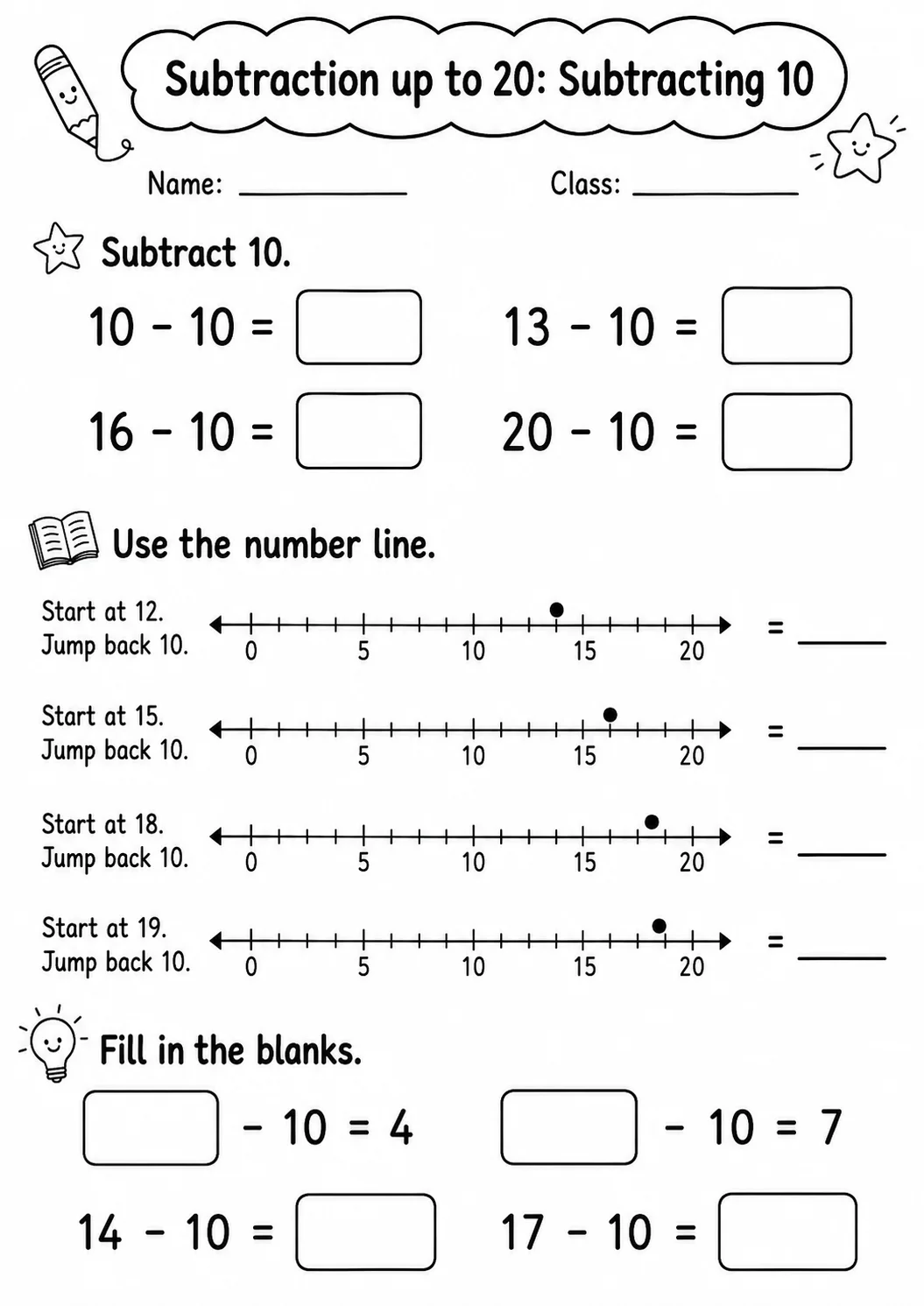 Grade 1 Subtraction up to 20 Math Worksheet Pack page 10 printable worksheet preview