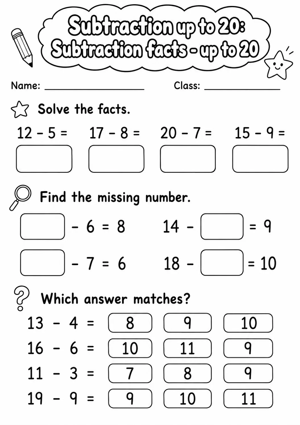 Grade 1 Subtraction up to 20 Math Worksheet Pack page 12 printable worksheet preview