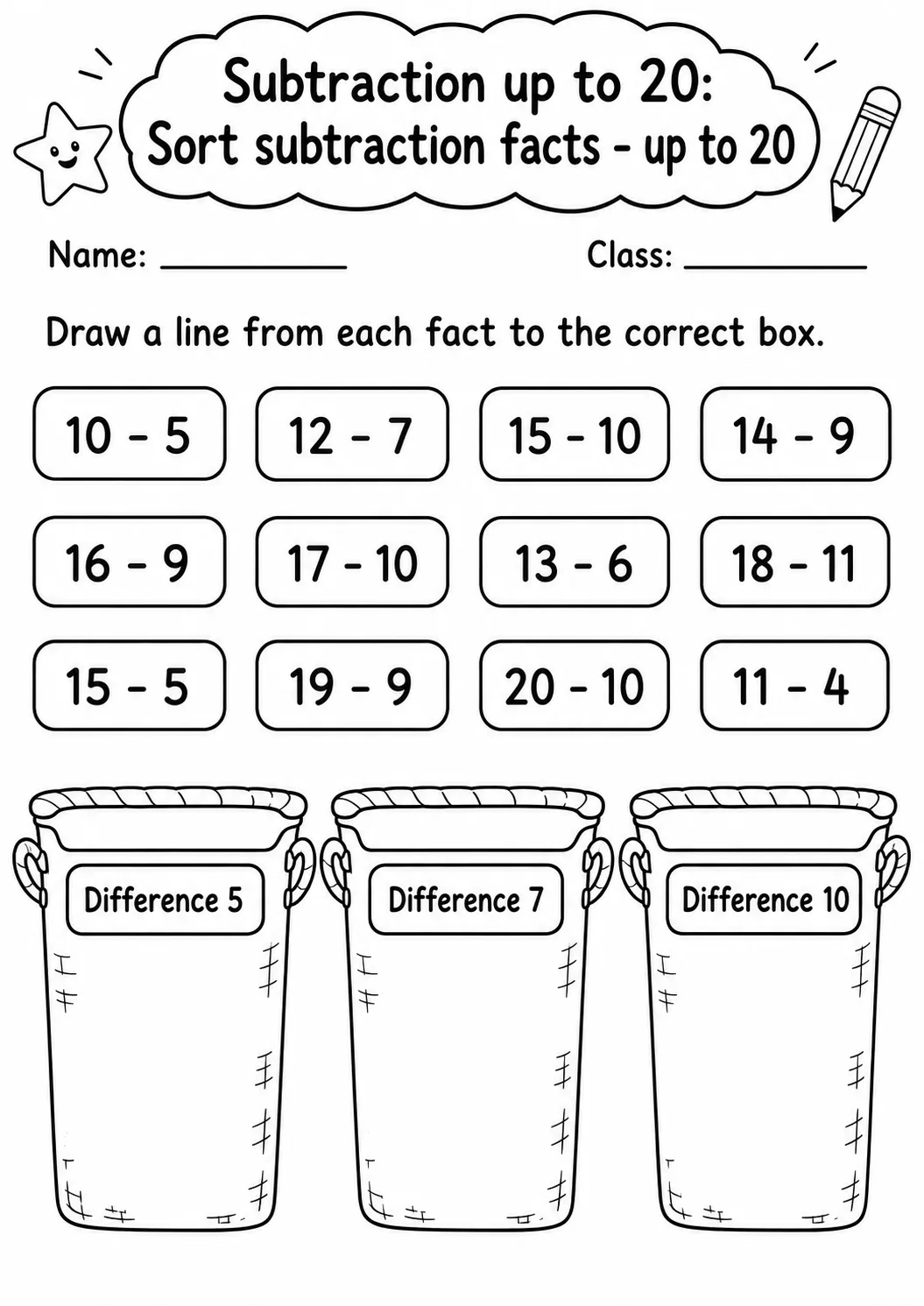 Grade 1 Subtraction up to 20 Math Worksheet Pack page 13 printable worksheet preview