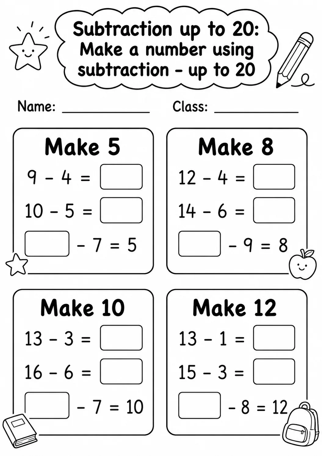 Grade 1 Subtraction up to 20 Math Worksheet Pack page 14 printable worksheet preview