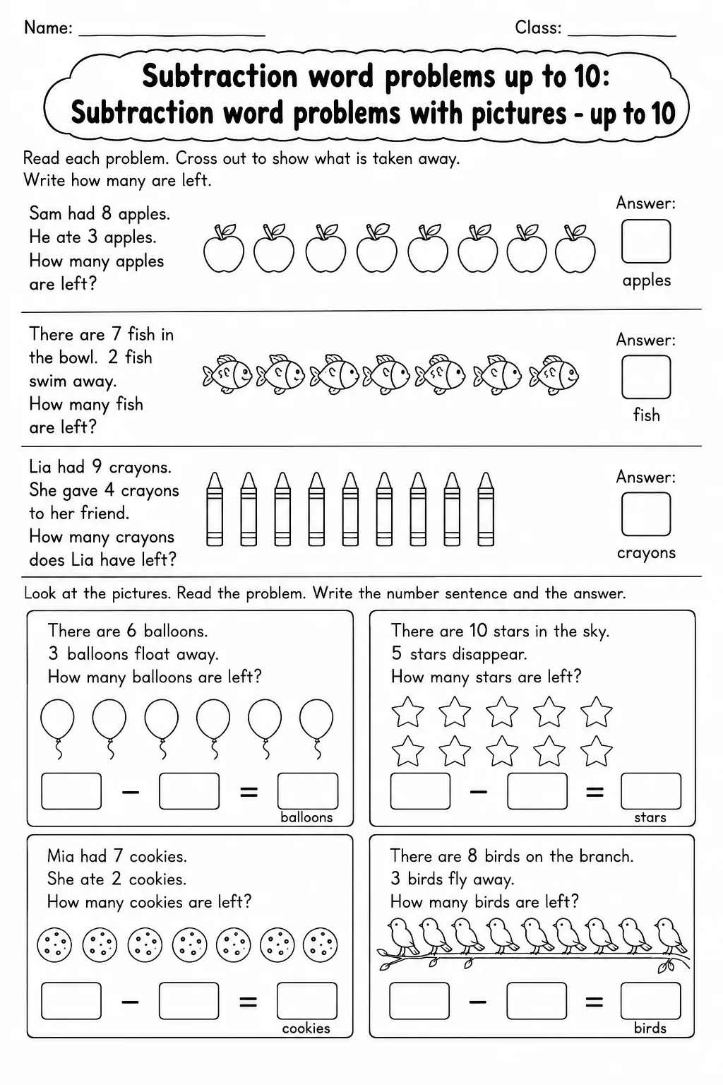 Grade 1 Subtraction Word Problems up to 10 Math Worksheet Pack printable worksheet pack preview