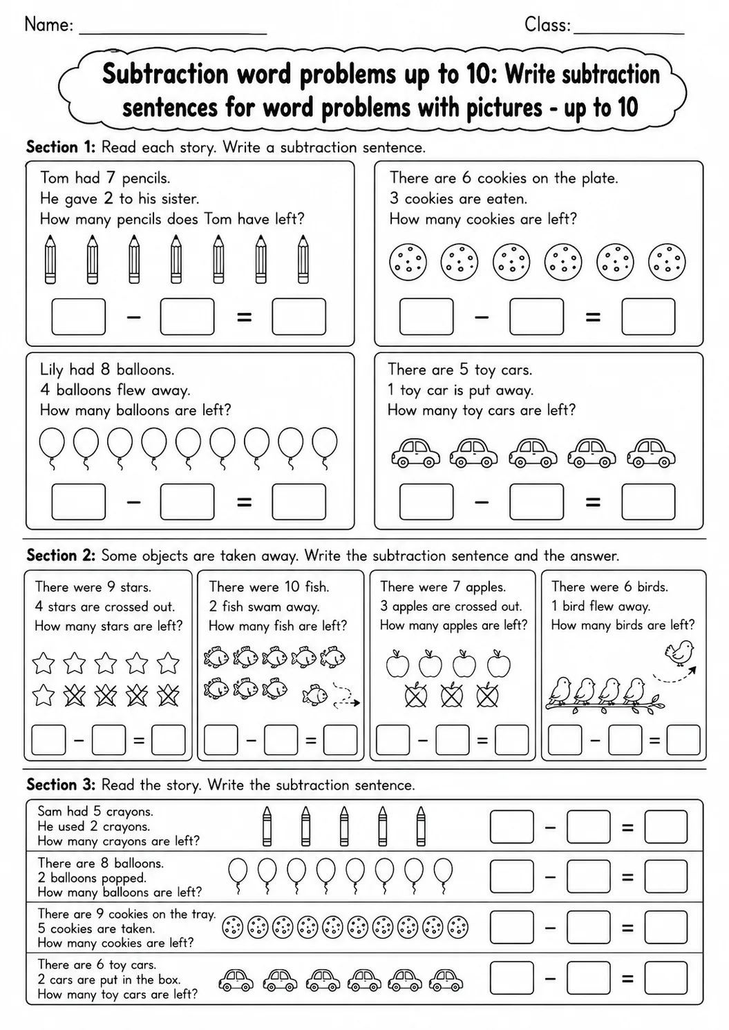 Grade 1 Subtraction Word Problems up to 10 Math Worksheet Pack page 2 printable worksheet preview